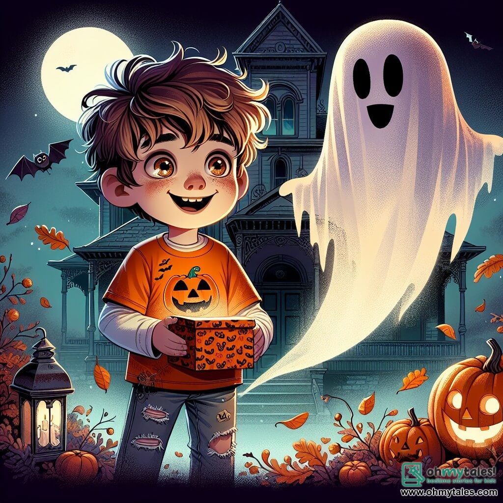 A 12-year-old boy named Jack, with messy brown hair and sparkling curious eyes, stands in front of an old Victorian house, excitement on his face. He wears an orange t-shirt with a pumpkin design and ripped jeans, holding a small box decorated with bat patterns. Beside him, a friendly ghost floats slightly above the ground, with a smiling face and bright eyes, seeming to encourage him. This ghost, resembling a young boy, is dressed in a translucent white tunic and a top hat. The setting is Halloween night, with a full moon lighting up the sky, autumn leaves swirling around them, and pumpkin-shaped lanterns illuminating the path. The scene depicts Jack discovering the mysterious box, surrounded by a magical and enchanting atmosphere, as shadows dance around him, creating a mysterious yet joyful ambiance.