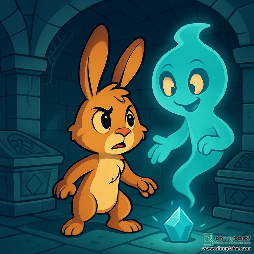 A young rabbit named Bramble, with golden-brown fur and large upright ears, stands at the center of an ancient mausoleum. His face shows a mix of determination and slight fear, his eyes shining with courage. He looks around, ready to face the unknown. Beside him, a translucent spirit named Shadefoot floats, with an ethereal body and glowing eyes like embers. His expression is kind as he reaches out a paw to encourage Bramble to move forward. The mausoleum is dark and mysterious, with worn stone walls, sarcophagi adorned with ancient patterns, and cobwebs hanging in the corners. A bluish light emanates from a glowing stone on the ground, creating an atmosphere that is both eerie and fascinating. The scene depicts Bramble approaching the glowing stone, ready to uncover the hidden secret of the mausoleum, while Shadefoot watches over him, prepared to assist in this daunting adventure.