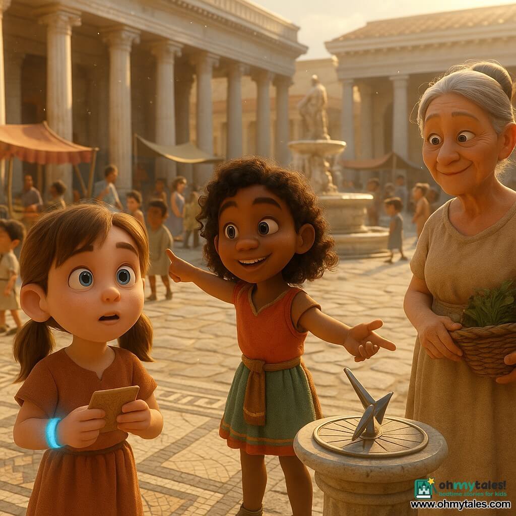 A 10-year-old girl with wide eyes and a slightly open mouth, hair in light brown pigtails, wearing a silver bracelet that emits a soft blue glow and holding a small clay card, stands in a bustling Roman forum by a marble fountain while children and merchants gather; nearby to the right Minerva, another ~10-year-old girl with curly brown hair in a colorful short Roman dress, smiles warmly and points toward the forum as she guides the younger girl; an elderly woman of about 65 with gray hair in a bun, a linen dress and a basket of herbs on her arm watches with a kindly smile; the forum features white marble columns, geometric floor mosaics, colorful market stalls, a central sculpted fountain, uneven paved streets and golden sunlight and dust, and the crowd admires a small mechanical sundial on a pedestal, creating a curious, magical atmosphere.