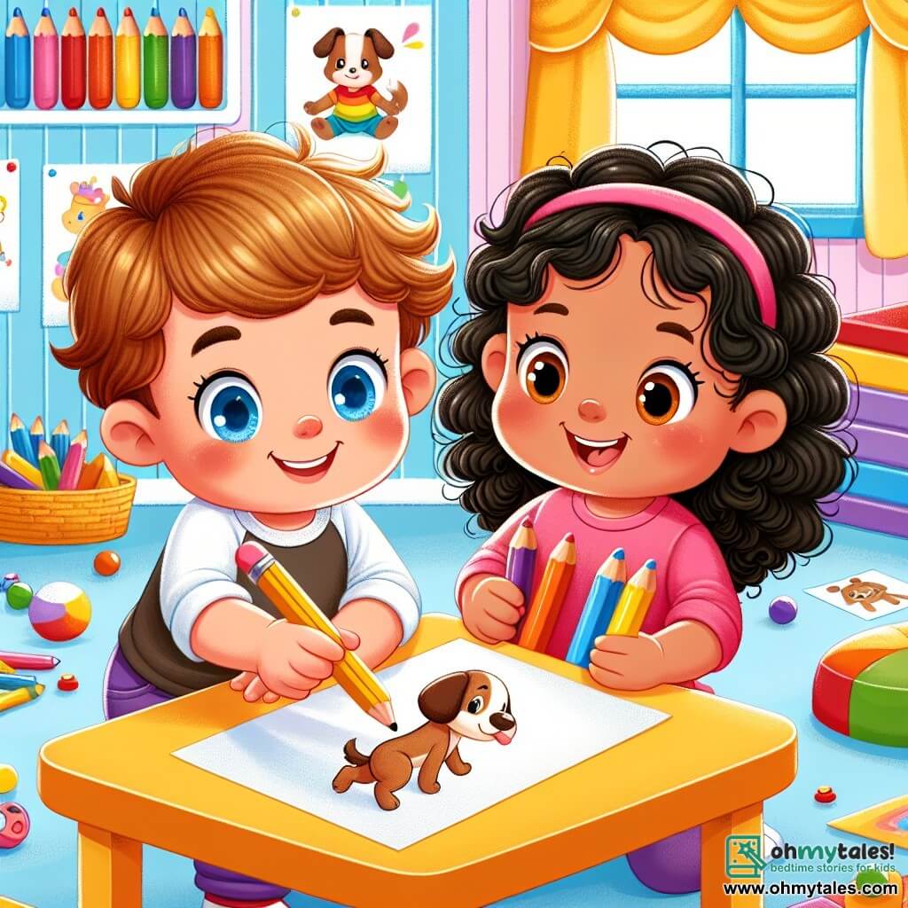 A 3-year-old boy named Timmy, with sparkling blue eyes and curly hair, is sitting at a classroom table, a big smile on his face, holding colorful crayons in his small hands. Next to him, a 3-year-old girl named Mia, with curly brown hair, encourages him with a warm smile, holding a brown crayon to draw a dog. The scene takes place in a bright classroom, with walls decorated with children's drawings, colorful wooden tables, and toys scattered on the floor. Timmy and Mia are drawing together, creating a nice picture of a dog, while other children play joyfully around them.