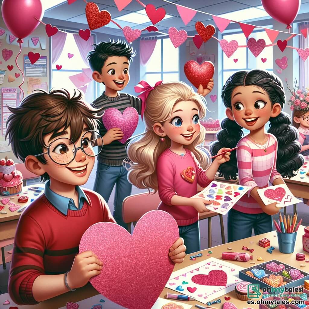 Ilustración que representa una escena alegre de la fiesta de San Valentín en una escuela primaria. Un niño de 11 años, con cabello castaño alborotado y gafas, sonríe sosteniendo una gran tarjeta en forma de corazón decorada con purpurina. A su lado, una niña de 11 años, con cabello rubio y rizado, lleva una camiseta rosa y sostiene una bandeja llena de caramelos coloridos, radiante de felicidad. Otra niña de 11 años, con cabello negro y liso, está pegando corazones de papel en las paredes, concentrada y entusiasta. Finalmente, una niña de 11 años, con trenzas y gafas, mira a su alrededor con una sonrisa orgullosa, sosteniendo una lista de invitados. El lugar principal es un aula luminosa, decorada con guirnaldas de corazones de papel, globos rosas y rojos flotando en el techo, y una gran mesa central llena de golosinas coloridas. La situación principal muestra a los niños preparando la fiesta, riendo y ayudándose mutuamente a decorar el aula, creando una atmósfera festiva y cálida.