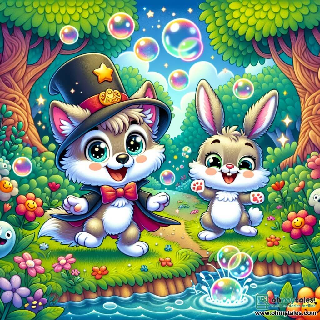 An illustration depicts a small wolf, a boy with sparkling eyes and soft fur, wearing an oversized magician's hat, with a joyful and determined expression. He is dancing by a river, surrounded by colorful bubbles floating around him. Next to him is a small rabbit, a girl with large ears and bright white fur, laughing heartily with mischievous eyes, happily hopping on the grass. The main setting is an enchanted forest, with gnarled trees and vibrant green leaves, where smiling-faced flowers bloom around them, and a sparkling river flows peacefully, filled with bubbly effervescence. The main scene shows the little wolf and the rabbit making the river smile again, with laughter echoing in the air, creating a joyful and magical atmosphere. Other graphic elements include colorful bubbles around the characters, smiling-faced flowers, and sun rays filtering through the tree branches, adding a touch of magic to the scene.