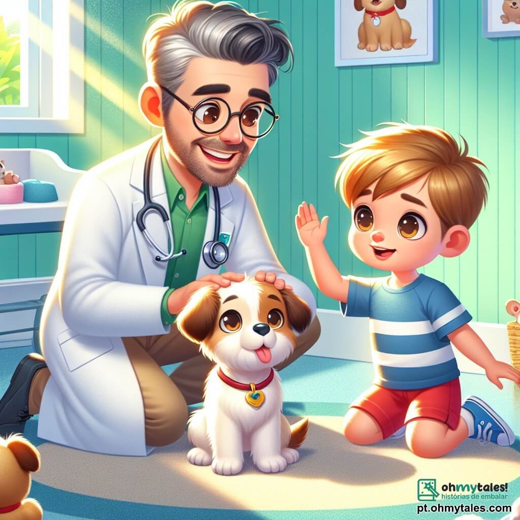 Um veterinário homem, Dr. Pedro, está no centro da imagem. Ele tem cerca de quarenta anos, com cabelos castanhos levemente grisalhos e óculos redondos. Usa um jaleco branco e um estetoscópio ao redor do pescoço, sorrindo calorosamente enquanto examina um cachorro fofo, Toby, que tem uma pata levemente inchada. Ao lado dele, um menino de cinco anos chamado Lucas, com cabelos loiros bagunçados e olhos brilhantes de curiosidade, observa atentamente. Ele usa uma camiseta azul e um short vermelho, e está de joelhos perto de Toby, estendendo a mão para acariciar o cachorro. O cenário é um pequeno consultório veterinário colorido, com paredes pintadas de verde claro, cartazes de animais pendurados e brinquedos para animais espalhados pelo chão. Uma janela deixa entrar a luz do sol, iluminando o ambiente. A situação principal mostra Dr. Pedro tranquilizando Lucas, explicando como vai cuidar de Toby, enquanto o cachorro, embora machucado, olha para os dois com olhos cheios de confiança e afeto.