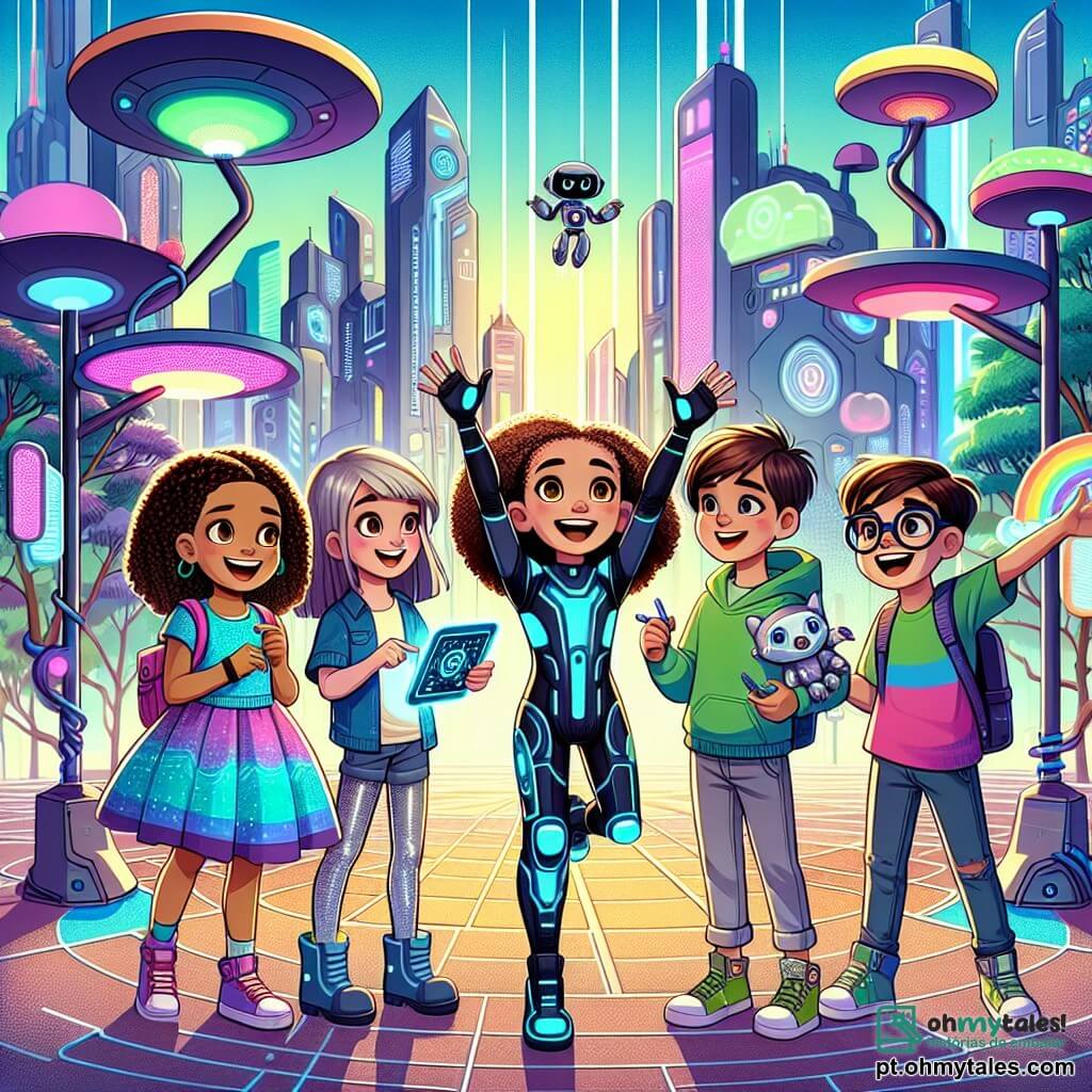 No centro da imagem, quatro amigas se juntam, todas sorridentes e cheias de entusiasmo. À esquerda, Clara, uma menina de 10 anos com cabelos cacheados e castanhos, usa uma combinação futurista azul e segura um pequeno robô nas mãos. À sua direita, Sofia, também de 10 anos, tem cabelos longos e loiros, veste um vestido colorido e desenha em uma tablet flutuante. À direita de Sofia, Lívia, uma menina de 10 anos com cabelos curtos e negros, usa uma camiseta verde e uma calça prateada, levantando os braços no ar, cheia de energia. Por fim, à direita, Ana, uma menina de 9 anos com cabelos castanhos e óculos, veste um moletom rosa e observa maravilhada a paisagem. Elas estão em Technoria, uma cidade futurista vibrante, com árvores metálicas e folhas brilhantes sob um céu azul. Edifícios de vidro com formas orgânicas, iluminados por neon colorido, se estendem à vista. Veículos flutuantes passam acima delas, enquanto robôs dançam alegremente nas calçadas. As quatro amigas estão diante de uma porta misteriosa que as transportou para este mundo mágico, prontas para entrar na aventura, com os rostos iluminados pela excitação e curiosidade.