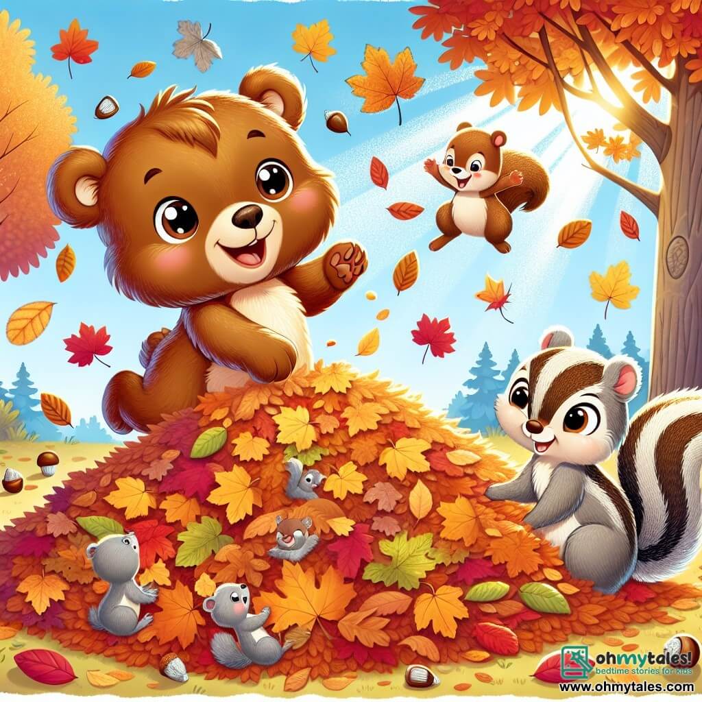 An illustration depicts a young brown bear with sparkling eyes and soft, silky fur joyfully jumping into a large pile of colorful leaves, wearing a wide smile. Nearby, a small gray squirrel with bright eyes and a bushy tail watches with amusement, its little paws raised, ready to jump into the pile as well. A cheerful striped chipmunk, with cheeks full of acorns, stands a bit further away, laughing and applauding the bear, its tiny paws on its hips. The main setting is an enchanting garden, where trees with golden, red, and orange leaves majestically rise, the ground covered with a thick carpet of crunchy leaves. Sun rays filter through the branches, creating dancing light spots on the ground. The scene shows the young bear having fun diving into the pile of leaves, surrounded by its animal friends, joyfully celebrating the arrival of autumn. Other graphic elements include scattered acorns, fluffy clouds in a clear blue sky, and colorful birds flying above, adding life and movement to this joyful autumn scene.