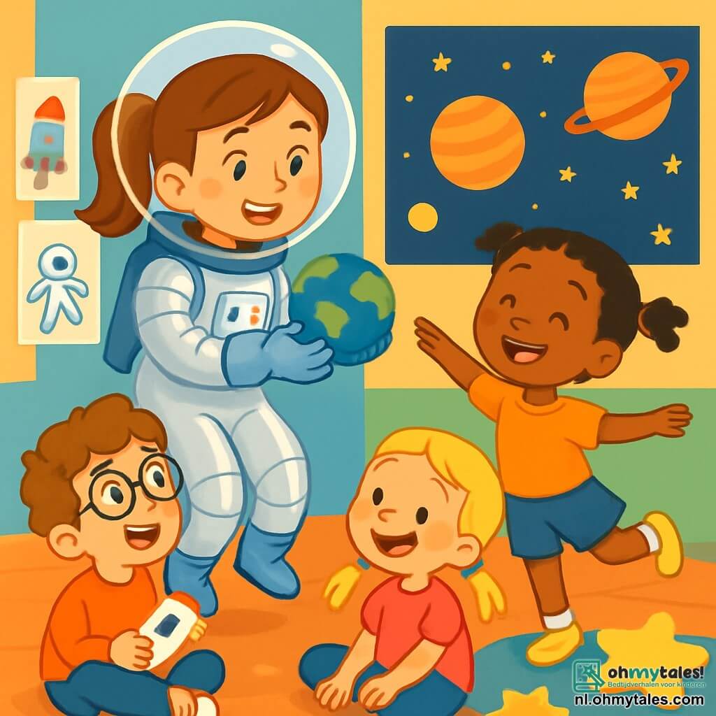 Een vrouwelijke astronaut, genaamd Astrid, glimlachend en vol enthousiasme, draagt een glanzend ruimtepak met zilveren accenten. Ze heeft kastanjebruin haar in een paardenstaart en sprankelende nieuwsgierige ogen. Astrid zweeft lichtjes in de lucht, terwijl ze een klein model van de aarde in haar handen houdt. Naast haar kijkt een 7-jarig jongetje, Sam, met krullend haar en een bril, naar Astrid met verwonderde ogen. Hij zit op de grond van het klaslokaal, omringd door zijn klasgenoten, en houdt een klein plastic ruimteschip vast. Een 6-jarig meisje, Noor, met vlechten en een stralende glimlach, staat op om Astrid na te doen door te dansen, met uitgestrekte armen alsof ze in de ruimte zweeft. De locatie is een kleurrijk klaslokaal, versierd met posters van planeten en fonkelende sterren. Tekeningen van astronauten en raketten hangen aan de muren, en stervormige kussens liggen verspreid op de grond. De hoofdscène toont Astrid die de kinderen uitlegt hoe ze in de ruimte leeft, terwijl ze lachen en dansbewegingen imiteren, wat een vrolijke en dromerige sfeer creëert.