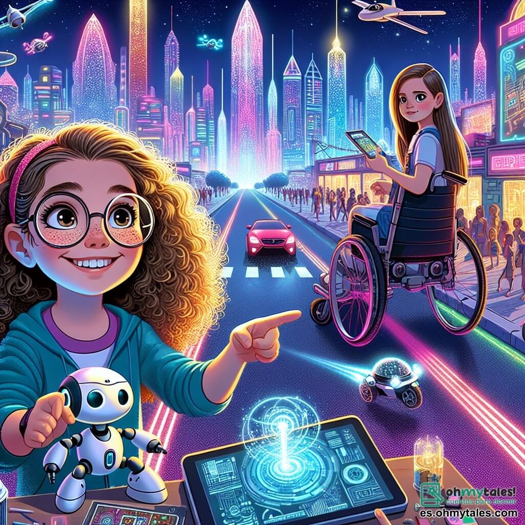 Clara, una niña de nueve años con cabello rizado y gafas redondas, está en el centro de la imagen, sonriendo y llena de energía, sosteniendo un pequeño robot en sus manos. A su derecha, Sofía, una niña de nueve años con cabello largo y liso, sentada en una silla de ruedas futurista, mira a Clara con admiración, sosteniendo un dispositivo electrónico. Al fondo, la ciudad de Neonópolis se extiende con torres de cristal brillantes bajo un cielo crepuscular, iluminadas por neones multicolores. Coches voladores surcan el cielo, dejando estelas luminosas, mientras un gran holograma en la plaza muestra imágenes de la ciudad. La escena principal muestra a Clara y Sofía explorando un área de la ciudad donde las luces comienzan a parpadear, rodeadas de ciudadanos preocupados. Clara señala un pequeño dron de mantenimiento atascado entre cables, mientras Sofía usa su tableta para programar su robot y ayudarlo.