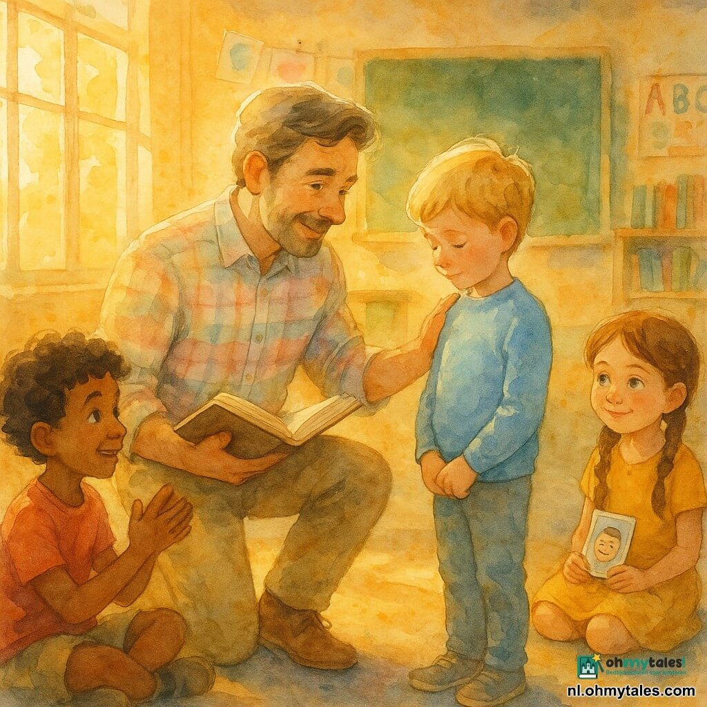 Een vriendelijke mannelijke leerkracht knielt voor een verlegen jongetje (Sam, ~7) met lichtblond haar en een hemelsblauwe trui, houdt een open boek in één hand en legt de andere hand licht op zijn schouder terwijl hij hem aanmoedigt; rechts zit een meisje (Lina, ~8) met bruin gevlochten haar in een gele jurk en een klein emotiespeelkaartje, links applaudisseert een krullig zwartharig jongetje (Mees, ~7) in een rood hemd; de lichte, kleine klas heeft grote ramen met gouden avondlicht, groene krijtborden, houten boekenkasten, alfabetposters en een slinger van kindertekeningen; het warme, geruststellende moment waarin het kind hardop durft te lezen is centraal, met zachte gebaren, aandachtige blikken en kinderen in een cirkel; kleurenpalet in warme pasteltinten (goudgeel, hemelsblauw, saliegroen, lichtroze), aquarelachtige texturen en gecontroleerde spatters aan de randen, lichte net-van-boven compositie en zacht licht van links.