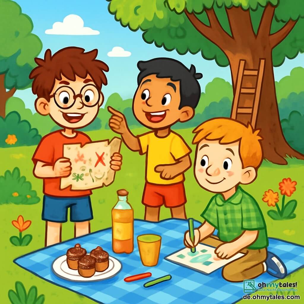 Es gibt drei Charaktere: Max, ein 10-jähriger Junge mit zerzausten braunen Haaren und runden Brillen, trägt ein rotes T-Shirt mit einem Superheldenmotiv und eine blaue Shorts. Er steht lächelnd mit einer Schatzkarte in den Händen. Ben, ein 10-jähriger Junge mit blonden Haaren und Sommersprossen, trägt ein grünes kariertes Hemd und beigen Hosen. Er sitzt auf einer Picknickdecke und zeichnet mit Buntstiften. Leo, ein 10-jähriger Junge mit schwarzen Haaren und einem breiten Lächeln, trägt ein gelbes T-Shirt und eine rote Shorts. Er steht neben Max und zeigt auf einen großen Baum, bereit, den ersten Hinweis für die Schatzsuche zu erklären. Die Szene spielt in einem grünen Park mit majestätischen Bäumen, bunten Blumen und einem gepflegten Rasen. In der Mitte steht eine große Holzleiter, umgeben von Kinderlachen. Eine Picknickdecke liegt auf dem Gras, dekoriert mit Kuchen und sprudelnden Getränken. Die Situation zeigt die drei Freunde, aufgeregt und fröhlich, die eine Schatzsuche zum Vatertag organisieren. Sie lächeln und tauschen Ideen aus, umgeben von der Schönheit des Parks, bereit, ihren Vätern ein unvergessliches Abenteuer zu bieten.