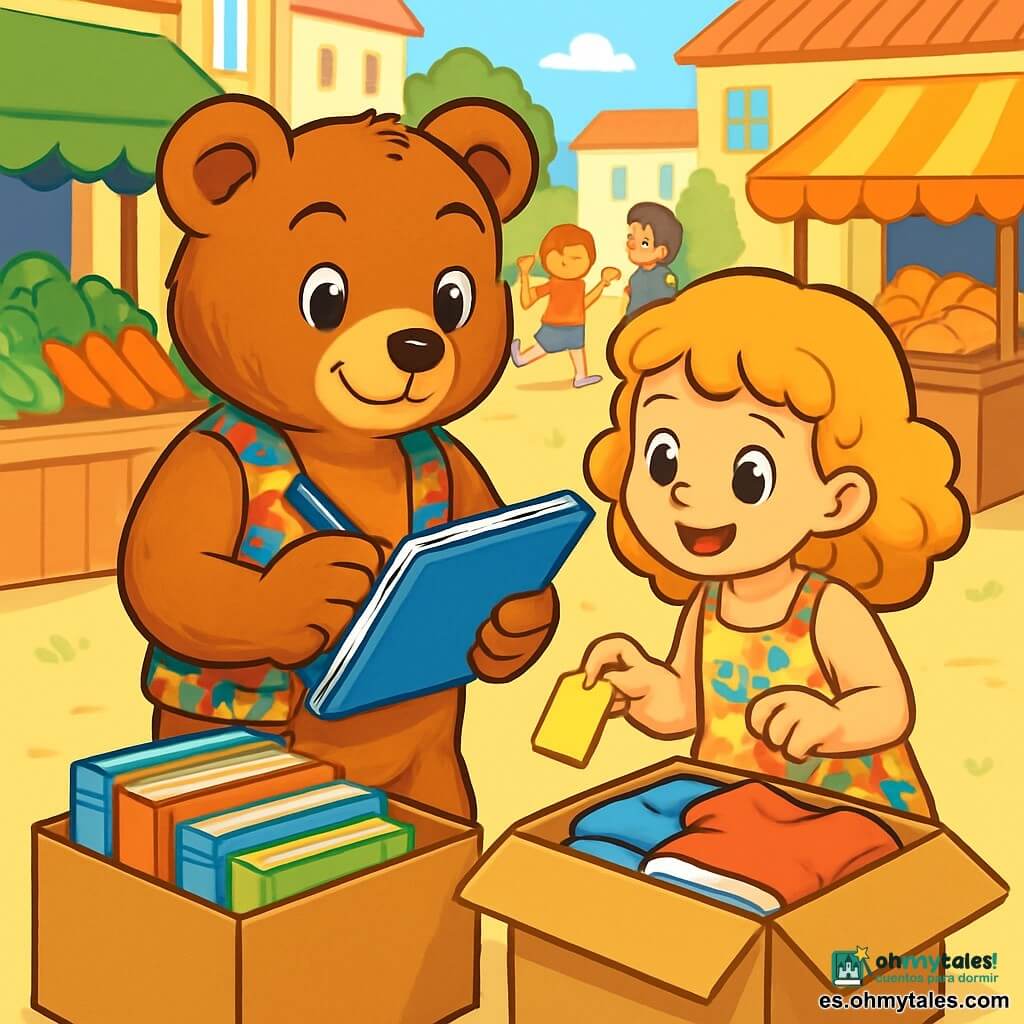 Bruno, un oso de peluche de pelo marrón y suave, se encuentra de pie en una pequeña plaza animada, con ojos brillantes de determinación y una cálida sonrisa. Lleva un chaleco de tela colorido y sostiene un gran cuaderno azul en sus patas, anotando información con un bolígrafo. A su lado, Lucía, una niña con cabello rizado y dorado, vestida con un vestido de flores, observa atentamente el cuaderno, su rostro radiante de entusiasmo y curiosidad. Sostiene una etiqueta en su mano, lista para colgarla en un libro. El lugar es un mercado vibrante, rodeado de puestos coloridos, donde se exhiben verduras frescas y panes dorados. Niños juegan al fondo, mientras que adultos conversan alegremente. La escena principal muestra a Bruno y Lucía organizando una recolección de libros y ropa para ayudar a familias necesitadas, con cajas abiertas a su alrededor, llenas de libros coloridos y ropa cuidadosamente doblada, simbolizando la ayuda mutua y la solidaridad.