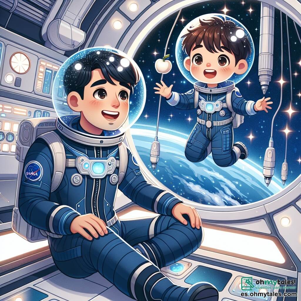 El personaje principal, un hombre de unos treinta años, es el comandante Julián Torres. Lleva un elegante uniforme azul oscuro de astronauta, con un casco transparente que refleja las estrellas brillantes. Su rostro expresa una profunda curiosidad y una alegría palpable mientras flota en la estación espacial. A su lado, un niño de 10 años, Leo, tiene el cabello castaño revuelto y una amplia sonrisa. Lleva un pequeño traje de astronauta y parece maravillado por las maravillas del cosmos. Leo está extendiendo la mano hacia una manzana flotante, cautivado por la magia de la microgravedad. La escena se desarrolla dentro de la estación espacial Orión, un espacio futurista con paredes metálicas blancas y luces suaves, con grandes ventanas circulares que ofrecen una vista espectacular de la Tierra azul y las estrellas brillantes de fondo. La situación principal muestra a Julián y Leo explorando la estación, rodeados de diversos instrumentos científicos flotantes, mientras comparten risas y descubrimientos, ilustrando el asombro y la amistad que nacen en la inmensidad del espacio.
