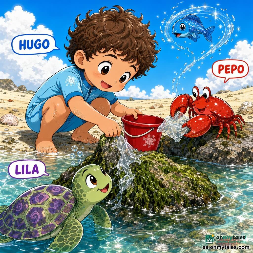 Un niño de 4 años, Hugo, alegre y concentrado, de rostro redondo, cabello castaño rizado y ojos grandes, lleva un pequeño traje de neopreno azul claro; agachado en la orilla tira suavemente de un trozo de plástico atrapado en una roca con un cubo rojo a su lado, mientras una tortuga marina llamada Lila, con caparazón verde y motivos morados, nada junto a la roca y lo mira agradecida rozando la superficie y expulsando pequeñas burbujas; un pequeño cangrejo rojo, Pepo, de caparazón brillante y grandes pinzas, empuja el plástico hacia el cubo desde una piedra a la derecha de Hugo; un pececito azul brillante nada en círculos sobre la escena creando destellos plateados; la playa muestra agua poco profunda y translúcida, arena pálida, rocas con algas y conchas, horizonte y cielo azul con algunas nubes; la escena presenta una acción colaborativa y tranquila para retirar el plástico, con colores vivos y texturas detalladas.