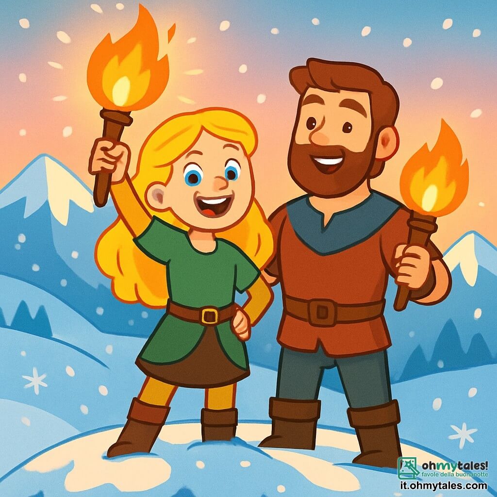 Freya, una giovane donna dai capelli d'oro e dagli occhi azzurri, si erge fiera sulla cima della Collina del Drago. Il suo viso irradia determinazione e gioia mentre brandisce una torcia fiammeggiante che illumina la neve circostante. Accanto a lei, Bjorn, un giovane alto e muscoloso di circa 20 anni, con capelli castani e barba ben curata, sorride con ammirazione. Tiene una torcia accesa, accesa grazie a quella di Freya, e si posiziona leggermente indietro, pronto a celebrare la loro vittoria insieme. Il paesaggio è maestoso: montagne innevate si ergono sullo sfondo, il cielo è colorato di rosa e oro all'alba, e fiocchi di neve cadono dolcemente intorno a loro. La neve scintilla come diamanti sotto la luce del fuoco. Freya e Bjorn, vittoriosi, alzano le loro torce in segno di trionfo, circondati da un'aura di calore e luce, simboleggiando la loro amicizia e il loro coraggio di fronte alle sfide.