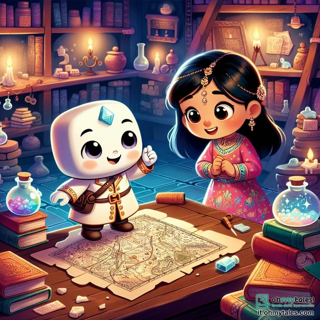 Un piccolo detective in ceramica bianca, con un adorabile manico blu, si trova su un tavolo di legno, mostrando un'espressione di curiosità ed eccitazione. I suoi occhi brillano di attesa mentre esamina una mappa antica, circondato da libri colorati e oggetti misteriosi. Accanto a lui, una giovane ragazza dai lunghi capelli neri, vestita con un abito colorato, guarda con meraviglia. Ha occhi scintillanti e un sorriso radioso, tiene un piccolo quaderno tra le mani, pronta a prendere appunti sulla loro prossima avventura. La scena si svolge in un laboratorio magico, pieno di libri impilati, fiale scintillanti e una grande lavagna nera coperta di formule strane. Luci soffuse illuminano la stanza, creando un'atmosfera calda e incantevole. Il detective e la giovane ragazza si preparano a risolvere un mistero affascinante: la scomparsa di diversi gatti nella loro città, circondati da dolcetti misteriosi che appaiono sui gradini delle case.