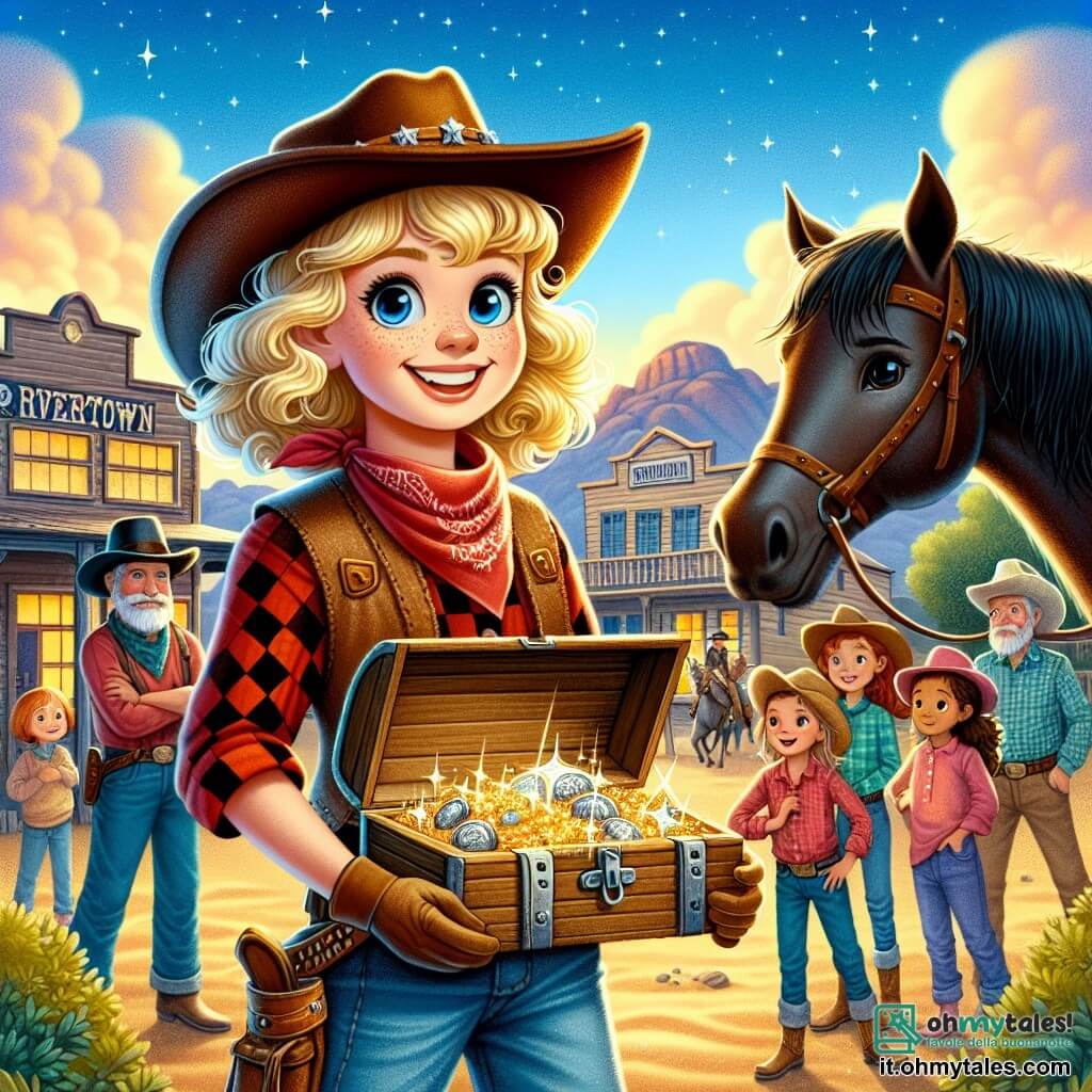 Clara, una giovane cowgirl dai capelli castano chiaro e dagli occhi azzurri, è al centro dell'immagine, sorridente e determinata, mentre tiene un vecchio forziere di legno pieno di tesori scintillanti. Indossa un cappello da cowboy di feltro, una camicia a quadri rossa e un jeans usurato, con stivali di cuoio. Accanto a lei, Lightning, il suo fedele cavallo nero, sta fiero, con le narici che fremono per l'eccitazione. Dietro di lei, suo padre, un uomo di una cinquantina d'anni con una barba grigia e un ampio sorriso, osserva con orgoglio, le braccia incrociate, mentre un gruppo di bambini del villaggio, di età compresa tra 8 e 12 anni, si avvicina con occhi stupiti, impazienti di ascoltare la sua storia. La scena si svolge nel piccolo villaggio di Rivertown, circondato da colline dorate sotto un cielo blu splendente, con case in legno tipiche del West americano e un saloon sullo sfondo. Clara, dopo aver scoperto un tesoro nascosto nel deserto, condivide la sua gioia con la comunità, pronta a utilizzare la sua scoperta per migliorare la vita di tutti, creando così un'atmosfera di eccitazione e unità.