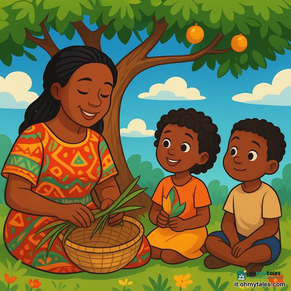 Amara, una donna di mezza età con capelli neri intrecciati e un abito colorato decorato con motivi africani, è seduta sotto un grande albero di kapok. Il suo volto irradia dolcezza e saggezza, con un sorriso caloroso che invita all'ascolto. Sta tessendo cesti con foglie di palma, mani delicate e abili. Accanto a lei, Sira, una bambina di 8 anni con capelli ricci e occhi brillanti, guarda Amara con ammirazione. Tiene in mano una foglia colorata, pronta a raccontare una storia. Poco lontano, Babou, un ragazzo di 7 anni con vestiti semplici e guance paffute, ascolta attentamente, seduto sull'erba, con gli occhi pieni di eccitazione. La scena si svolge sotto un cielo blu splendente, con nuvole bianche che fluttuano. Il grande albero di kapok, con rami estesi e foglie verdi brillanti, crea un'ombra dolce sul terreno. Intorno a loro, fiori colorati e erbe danzano al ritmo del vento, aggiungendo un tocco di magia all'ambiente. In questa illustrazione, Amara e i bambini si preparano ad ascoltare il vento, che sembra sussurrare storie antiche, creando un'atmosfera di curiosità e meraviglia.