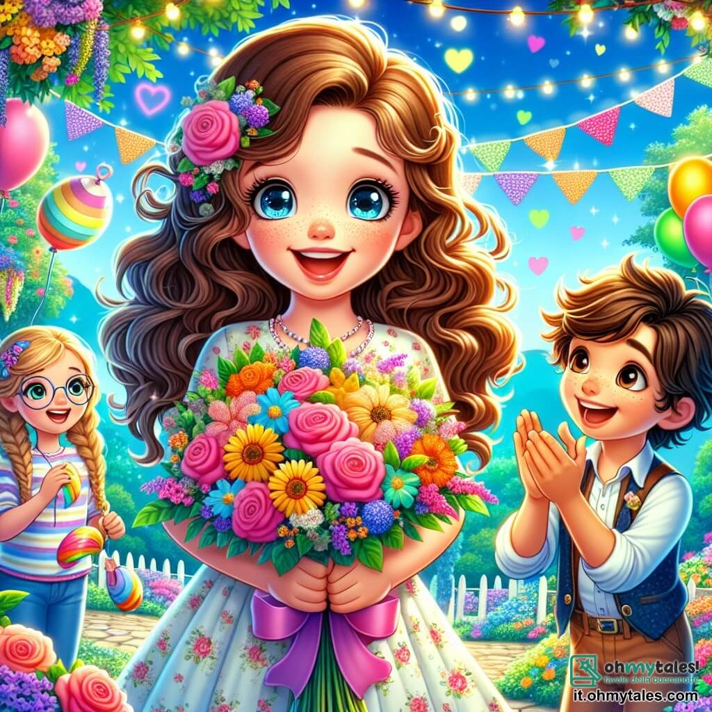 Una bambina di 9 anni, di nome Stella, con lunghi capelli ricci e occhi brillanti, sorride felicemente tenendo un mazzo di fiori colorati tra le braccia. Indossa un vestito leggero a fiori ed è circondata dai suoi amici. Accanto a lei c'è Marco, un ragazzo di 10 anni con capelli castani disordinati e un grande sorriso, che tiene un pallone colorato e guarda Stella con ammirazione. Proprio accanto, Giulia, una ragazza di 9 anni con trecce e occhiali rotondi, applaude con entusiasmo, i suoi occhi brillano di gioia. La scena si svolge in un giardino incantevole, pieno di fiori vivaci, luci scintillanti e ghirlande colorate appese agli alberi. Il cielo è di un blu brillante, punteggiato da alcune nuvole bianche e morbide. Stella e i suoi amici stanno preparando una sorpresa magica per la festa della mamma, circondati da decorazioni festive, mentre la mamma di Stella, Luna, arriva, con gli occhi spalancati per la sorpresa e la felicità.