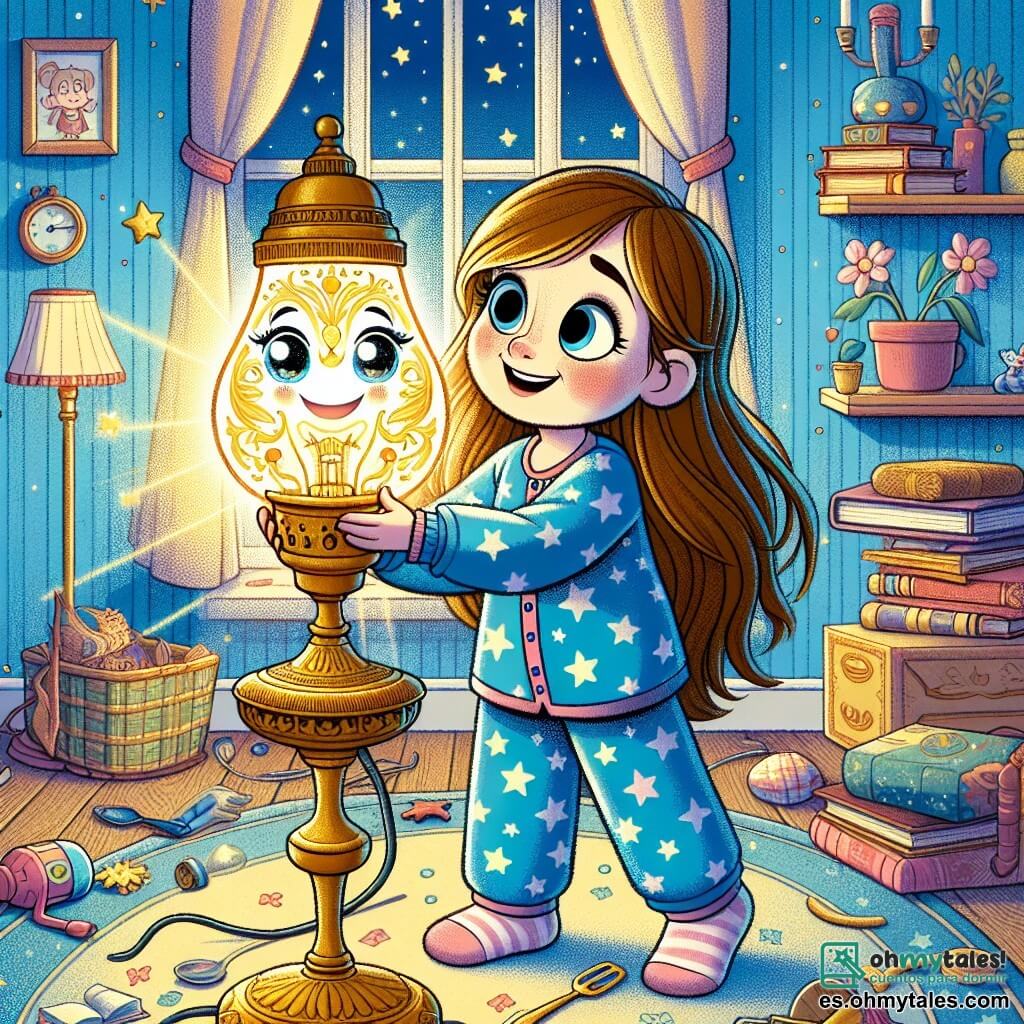 Una niña de 12 años, Clara, con largos cabellos castaños y ojos brillantes de curiosidad, se encuentra en el centro de la escena, con una amplia sonrisa en su rostro. Lleva un pijama azul con estrellas blancas y sostiene una lámpara antigua que brilla con una luz dorada. A su lado, una lámpara mágica llamada Lampi, con una base de latón y una bombilla de vidrio colorido, emite destellos luminosos y parece bailar alegremente. El decorado es una habitación acogedora, llena de libros de cubiertas coloridas, juguetes esparcidos y paredes pintadas de azul pastel. Una ventana deja entrar la luz de la luna, creando una atmósfera suave y soñadora. La situación principal muestra a Clara y Lampi riendo juntos, mientras una serie de cubiertos bailan sobre la mesa, creando una alegre cacofonía musical. Los cubiertos están animados, con caras sonrientes, y parecen interpretar una sinfonía alegre, añadiendo un toque de magia a la escena.