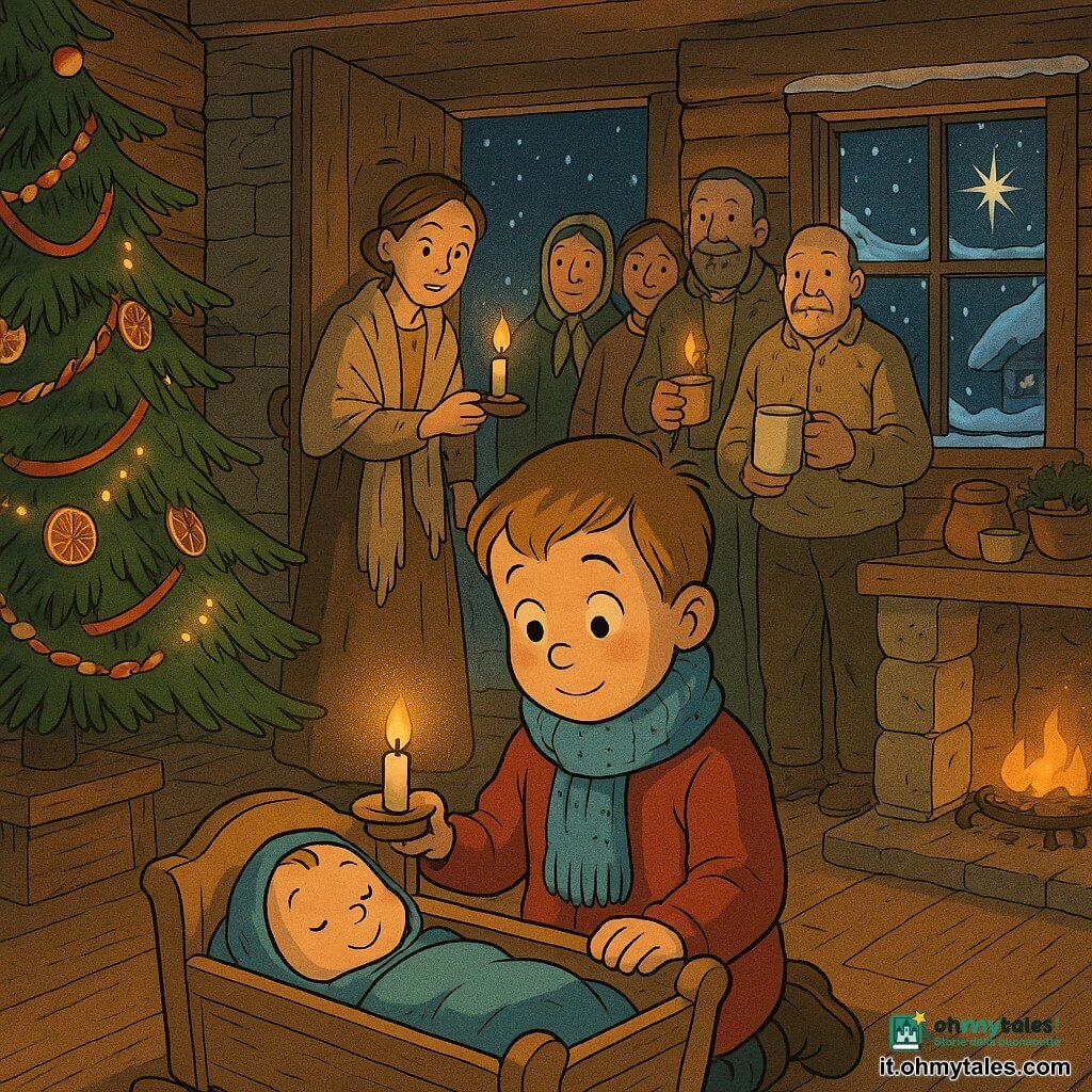 Bambino di 6 anni, volto rotondo e guance rosate, occhi grandi e luminosi, espressione dolce e concentrata; tiene in grembo una piccola culla di legno che culla lentamente, indossa un semplice cappotto rosso e una sciarpa di lana blu. Donna di 25–35 anni (la madre), capelli castani legati, sguardo commosso e sollevato; entra nella stanza portando una piccola candela offertale. Neonato maschio avvolto in una coperta azzurra, volto sereno con un piccolo sorriso sonnolento; dorme nella culla. Diversi volontari adulti (uomini e donne, 30–60 anni) in abiti caldi e semplici stanno sullo sfondo a semicerchio; alcuni tengono candele, altri sistemano decorazioni o portano una tazza di latte. Interno caldo di un rifugio in legno: camino in pietra con fiamma tenue, grande albero di Natale decorato con nastri e frutta secca, ghirlande luminose, pareti di tavole con tracce di neve entrata dalla porta. Vista dalla finestra: notte fredda e neve fitta che scintilla sotto una stella brillante. Scena principale: intima e luminosa di notte — il bambino culla la culla al centro, una lanterna e candele creano un alone dorato che illumina i volti; atmosfera morbida, texture di lana, legno cerato e vapore di bevande calde, in contrasto col blu freddo della neve esterna.
