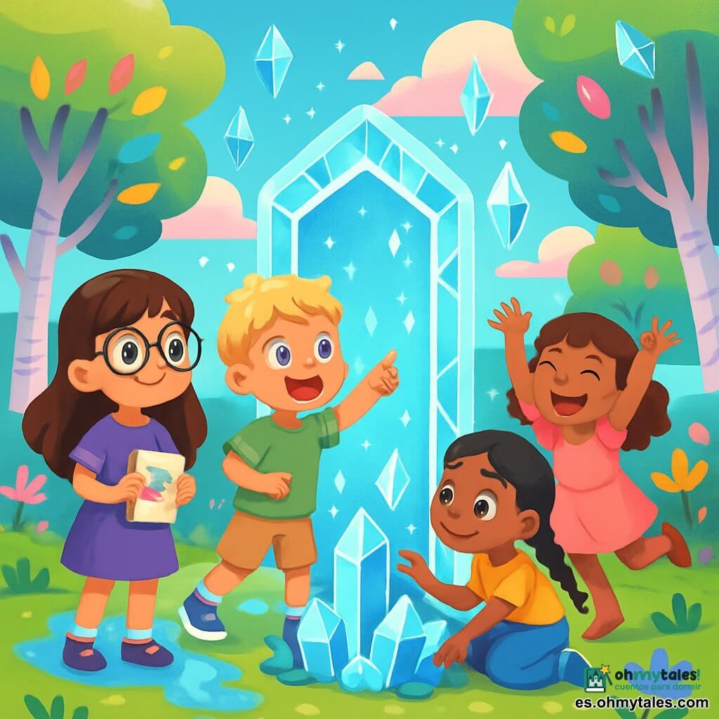 Hay 4 niños: Maya, una niña de 8 años con cabello largo castaño y gafas redondas, lleva un vestido violeta y sostiene un pequeño cuaderno de bocetos. Está a la izquierda, mirando con curiosidad la puerta mágica. Valen, un niño de 7 años con cabello rubio despeinado y una camiseta verde, está señalando la puerta con una gran sonrisa, situado en el centro. Lila, una niña de 6 años con cabello rizado y un vestido rosa, salta de alegría a la derecha de Valen, con los brazos levantados hacia el cielo. Zoe, una niña de 8 años con cabello negro trenzado y pantalones azules, está agachada cerca de la puerta, tocando los cristales con asombro. El lugar es un parque encantado después de la lluvia, con árboles de troncos plateados y flores luminosas. Estructuras de cristal flotan en el aire y charcos brillantes reflejan un cielo azul salpicado de nubes de colores. En el centro, una puerta mágica de cristales brillantes emite una suave luz azul. La situación principal muestra a los niños descubriendo la puerta mágica que los lleva a un mundo fantástico. Están maravillados, listos para entrar en esta increíble aventura, rodeados de magia y tecnología.