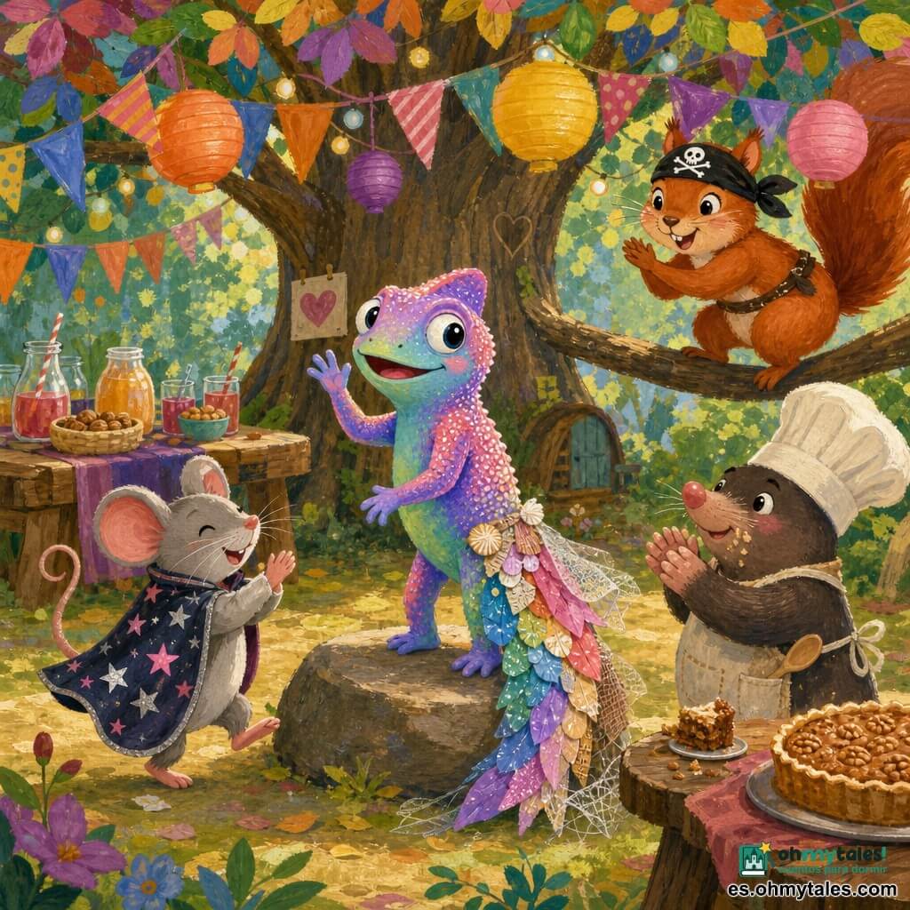 Un pequeño camaleón infantil, Lila, de escamas irisadas que cambian de rosa a azul, verde y violeta, sonriente y tímida, lleva una cola de sirena arcoíris hecha de papel reciclado, con conchas brillantes y telas, y camina orgullosa sobre una piedra levantando la pata para saludar; a su izquierda Nico, una ratoncito ágil con capa de astronauta oscura adornada de estrellas rosas y plateadas, gira y aplaude; a la derecha Susi, una ardilla pelirroja con pañuelo de pirata, salta en una rama baja aplaudiendo con gesto pícaro; cerca, Ramón, una topito regordete con gorro de chef, aplaude junto a una mesa de madera con migas de pastel; el claro del bosque está decorado con guirnaldas, banderines y farolillos de papel, un gran árbol de hojas multicolores y mesas rústicas con zumos y tartas; escena central: desfile de disfraces con Lila en el centro rodeada de amigos que la miran con admiración y aplausos, ambiente cálido, festivo e inclusivo, luces suaves y colores vivos, estilo gouache infantil con textura de pincel visible.