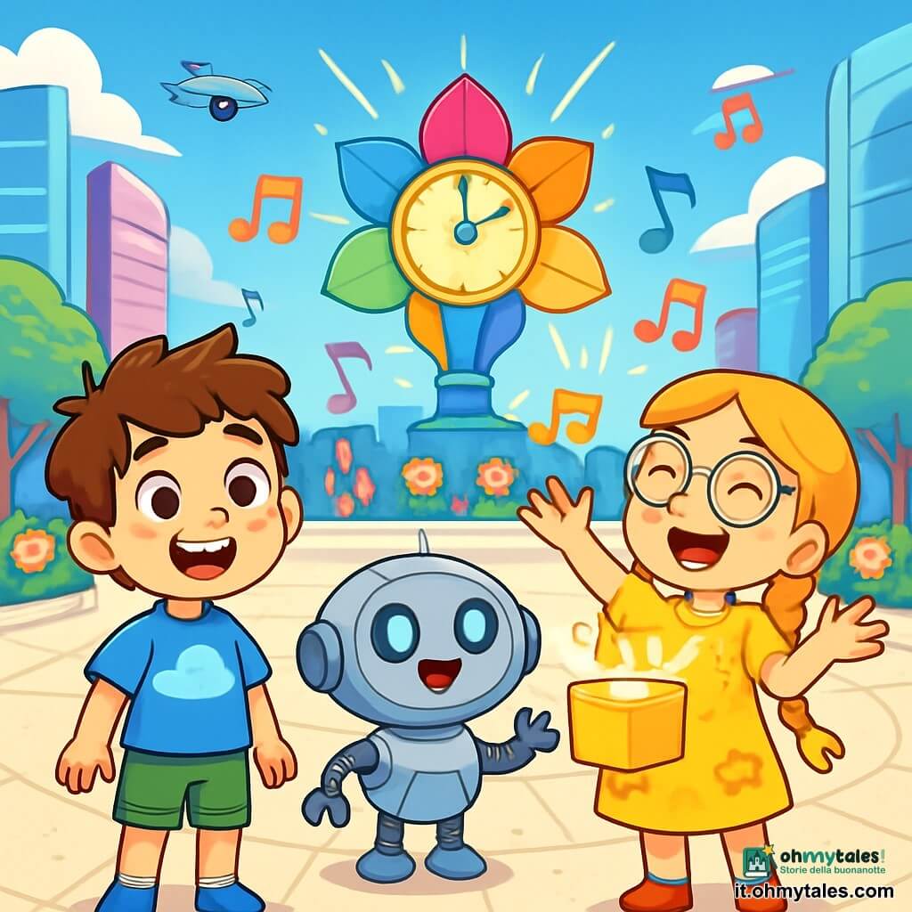 Ci sono 3 personaggi: - Luca: un ragazzo di 8 anni con capelli castani disordinati e occhi scintillanti. Indossa una t-shirt blu con un motivo di nuvola e pantaloni corti verdi. È a sinistra, sorridente, con un piccolo robot accanto. - Sara: una ragazza di 8 anni con lunghi capelli biondi intrecciati e occhiali rotondi. Indossa un vestito giallo con motivi floreali. Si trova al centro, sollevando le braccia con entusiasmo, tenendo una scatola brillante. - Pico: un piccolo robot rotondo e amichevole, con occhi luminosi e un corpo in metallo argentato. È in mezzo, tra Luca e Sara, con braccia articolate, pronto ad aiutarli. Il luogo è la Piazza Centrale di Luminia, una grande piazza circolare in pietra chiara, circondata da edifici futuristici con facciate scintillanti. Al centro, un immenso orologio di luce brilla con petali colorati che si aprono e chiudono al ritmo del sole. Fiori luminosi e alberi con foglie argentate decorano la piazza, mentre droni fluttuano nel cielo blu. La situazione principale mostra i tre personaggi che cantano insieme per riattivare l'orologio di luce. Note musicali colorate fluttuano intorno a loro e la gente della città li guarda sorridendo, creando un'atmosfera gioiosa e collaborativa.