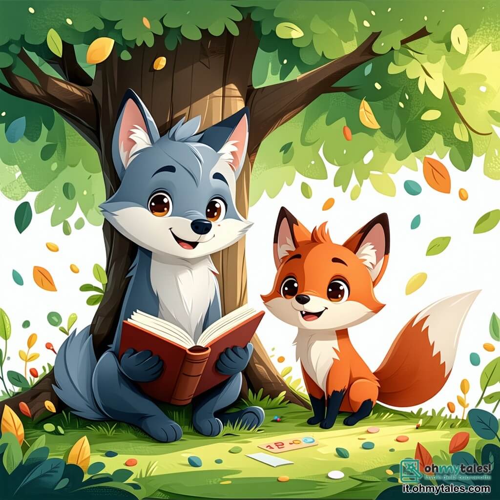 Un piccolo lupo di nome Lupo, con il pelo grigio e occhi brillanti, è seduto sotto un grande albero verde, sorridendo orgoglioso dopo aver superato il suo compito di matematica. Tiene un libro aperto tra le zampe anteriori, circondato da foglie colorate. Accanto a lui, la sua migliore amica, una volpe rossa con una coda folta, salta di gioia, i suoi occhi brillano di eccitazione. Porta uno zainetto pieno di matite e quaderni, applaudendo a Lupo con entusiasmo. Poco più in là, un orso bruno di nome Bruno, grande e robusto, guarda con un sorriso benevolo, tenendo un grosso libro di matematica. Sembra orgoglioso dei suoi amici e si tiene in piedi, le braccia incrociate, incoraggiandoli. La scena si svolge in una radura soleggiata, con fiori colorati e raggi di sole che filtrano tra le foglie dell'albero. Farfalle volano intorno a loro, aggiungendo un tocco di magia all'ambiente. La situazione principale mostra Lupo che celebra il suo successo scolastico con i suoi amici, illustrando l'importanza della collaborazione e dell'amicizia nell'apprendimento.