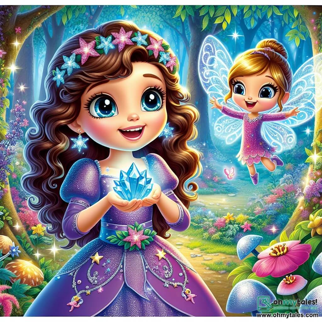 A young witch named Mia, with long curly brown hair and big curious eyes, stands at the center of the scene, her face illuminated by a smile of excitement and determination. She wears a purple dress adorned with sparkling stars and holds a shining blue crystal that emits a soft glow. Beside her, Flitter, a small fairy with translucent shimmering wings, joyfully flies around her, her eyes sparkling with joy. Flitter has golden hair and wears a dress made of colorful flower petals. Their environment is the enchanted forest of the Whispering Woods, with trees having silver leaves that shimmer in the sunlight and colorful flowers dancing in the breeze. The ground is covered with soft moss and small brightly colored mushrooms. The main scene shows Mia and Flitter discovering the magical crystal amidst a field of bluebells that gently chime, surrounded by a fairy-tale atmosphere full of magic and adventure.