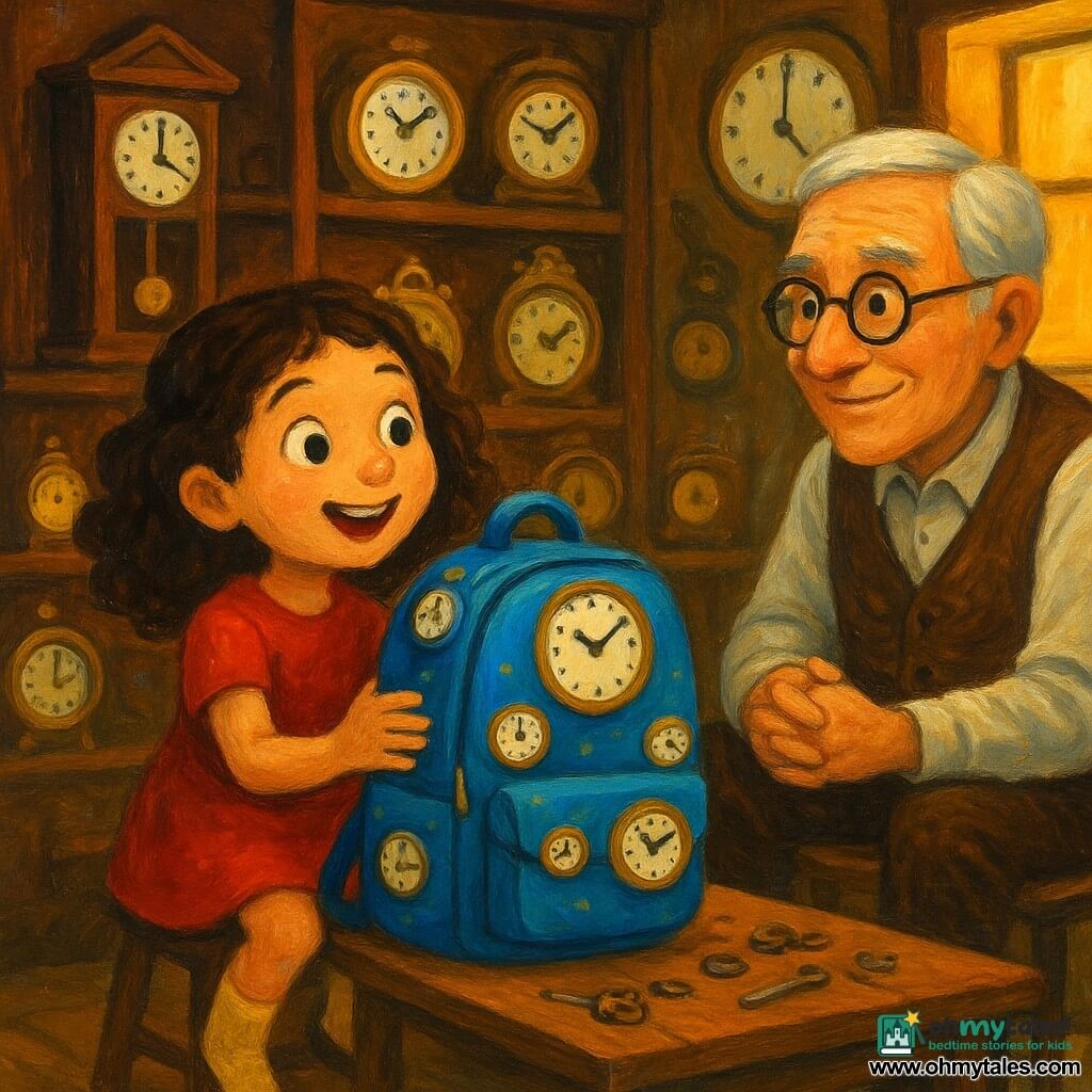 A six-year-old girl, Mina, with curly brown hair and wearing yellow socks, looks in wonder at a blue backpack adorned with small clocks. Her eyes are wide open and she has an amazed smile. Next to her, an elderly man, Mr. Cog, with silver hair and round glasses, sits at a workbench filled with small tools and gears. He wears a vest and observes Mina with a kind smile. The scene takes place in a watch shop, filled with antique watches and clocks with various ticking sounds, with dark wooden shelves and soft light filtering through a window. The main situation shows Mina discovering the magical backpack, surrounded by clocks that seem almost alive, creating an atmosphere of mystery and temporal magic.