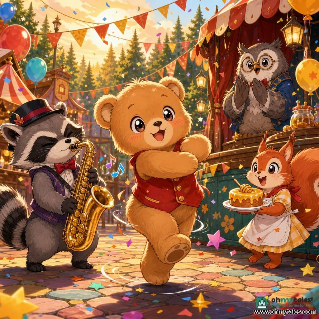 The main character is Oliver, a small light-brown teddy bear with big shiny eyes, wearing a red buttoned vest, smiling shyly while twirling and dancing on tiptoe with soft fur and rounded movements; beside him a mischievous raccoon musician plays a gleaming saxophone, and a lively red-squirrel seller holds a plate with a honey cake iced in yellow near a wooden stall; a wise old grey-feathered owl with round glasses watches and gently applauds from a small stage in the background; the scene is a festive outdoor carnival square by the forest with colorful cobbles, red-and-yellow bunting, floating balloons, painted wooden booths, hanging lanterns glowing in golden late-afternoon light and confetti stars drifting through the air.