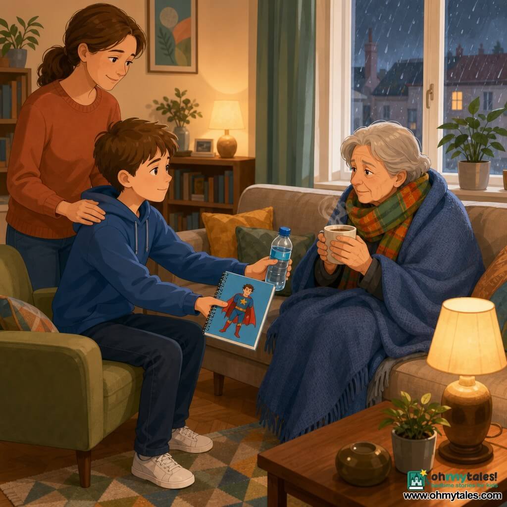 A 12-year-old boy with a round face and short light brown hair, attentive gentle gaze and calm slightly concerned expression, sits in an armchair near a sofa holding a small notebook with a superhero drawing on a blue cover and a water bottle; a neighboring woman of about 60 with fair skin, a green-and-orange scarf, tired but grateful eyes, wrapped in a blue blanket, sits on the sofa holding a steaming cup of tea; the boy’s mother, about 40, brown hair tied back, casually dressed, stands a short distance behind him with a gentle hand on his shoulder; warm living room interior with a warm lamp on a wooden table, low bookshelf, window showing light rain, colorful cushions and light wood floor; main scene: the boy offers the notebook and water to the sick neighbor, a calm caregiving moment focused on gestures of kindness, soft colors and clear contrasts.
