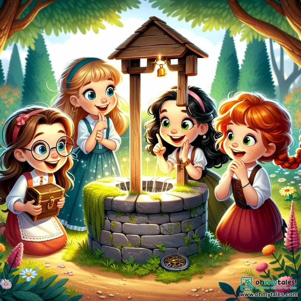 In the foreground, four eight-year-old girls stand together, each showing an expression of excitement and curiosity. On the left, Lily, with long brown hair and round glasses, holds a treasure map. Next to her, Mia, with curly blonde hair, points at an old well, her eyes sparkling with enthusiasm. In the center, Zoe, with black hair in a braid, crouches to examine a small wooden chest, her face lit up by the discovery. Finally, on the right, Emma, with red hair and freckles, smiles while holding an antique key, ready to use it. The setting is a lush park, with majestic trees and colorful flowers lining the path. At the center, an old stone well, covered in moss, captures the girls' attention. The sun shines, creating a warm and magical atmosphere. The main scene shows the four friends discovering a treasure hidden in the well, surrounded by an aura of mystery and adventure, with glimmers of light sparkling on the chest just pulled up.