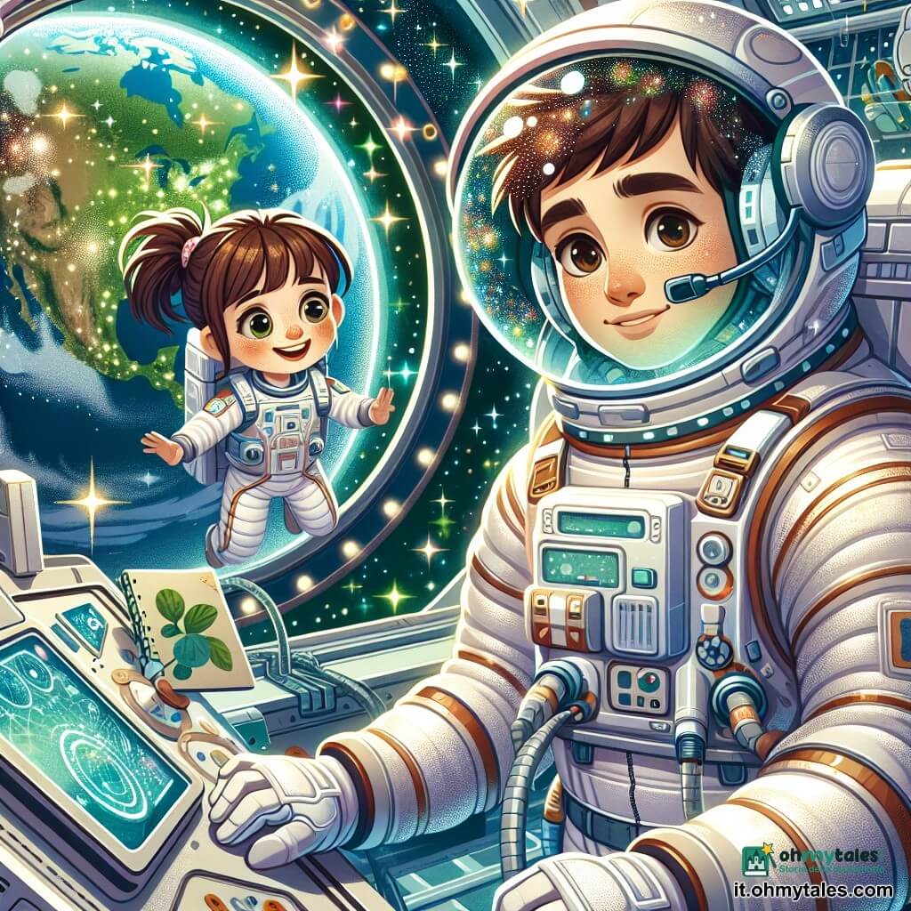Un giovane astronauta di circa 25 anni fluttua nello spazio, indossando una tuta spaziale bianca e argentata e un casco trasparente che riflette le stelle scintillanti. Il suo volto esprime meraviglia e concentrazione, con occhi brillanti di curiosità. Vicino a lui, una ragazza di 10 anni, Sara, osserva affascinata dall'interno della stazione spaziale, con i capelli castani raccolti in una coda di cavallo. Indossa una tuta leggera e un sorriso meravigliato, tenendo un piccolo quaderno da disegno tra le mani. Lo sfondo è una vista spettacolare dello spazio, con la Terra blu e verde sullo sfondo, circondata da migliaia di stelle brillanti. La stazione spaziale è un modulo futuristico, con pannelli solari scintillanti e finestre rotonde che mostrano piante verdi all'interno. La scena principale mostra l'astronauta mentre compie un'uscita extraveicolare, fluttuando graziosamente nel vuoto, mentre Sara, all'interno, prende appunti e disegna stelle, condividendo l'emozione dell'esplorazione spaziale.