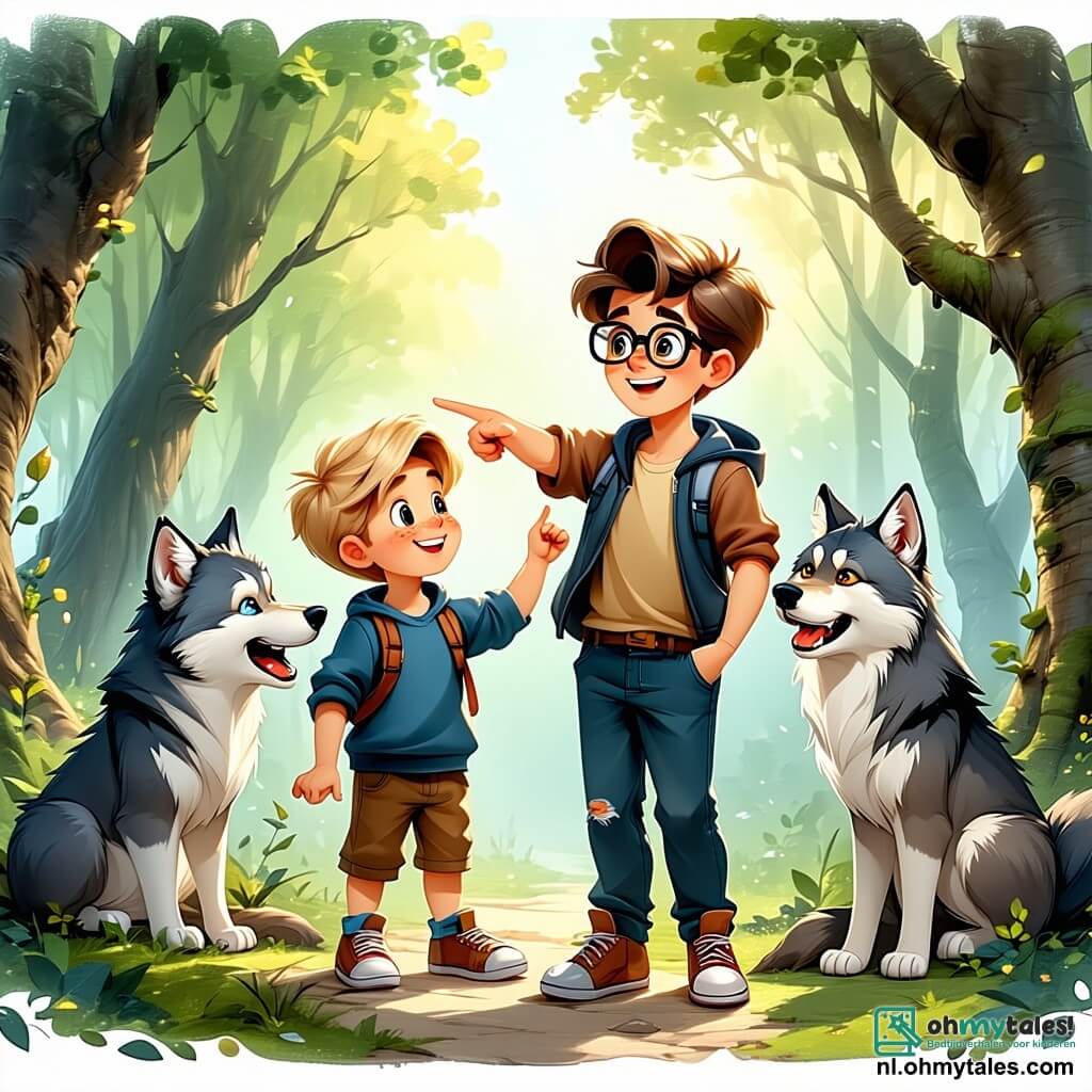 In een betoverende open plek van het Mystieke Bos staan vier vrienden samen. Lars, een 10-jarig jongetje met messy blond haar en een stralende glimlach, staat in het midden en wijst enthousiast naar de wolf. Rechts van hem lacht Finn, een 9-jarig jongetje met bruin haar en ronde bril, vrolijk met zijn handen op zijn heupen. Links staat Max, een 11-jarig jongetje in een rolstoel, met kastanjebruin haar en een grote glimlach, terwijl hij een kleurrijke picknickdoos vasthoudt. Ten slotte leunt Sam, een 10-jarig jongetje met zwart haar en een verrekijker om zijn nek, iets naar voren met nieuwsgierige ogen. De plek is een door gouden licht verlichte open plek, omringd door majestueuze bomen met stralend groene bladeren. Multicolore bloemen dansen in de wind en een kleine beek glinstert terwijl hij door het zachte gras kronkelt. In het midden van deze scène staat de Grote Boze Wolf, met zijn grijze vacht en heldere ogen, vriendelijk glimlachend naar de kinderen. Hij lijkt zowel imposant als zacht, klaar om zijn verhaal met hen te delen. De kinderen ontdekken verwonderd dat de wolf niet is zoals ze zich hadden voorgesteld, maar een potentiële vriend in dit magische avontuur.