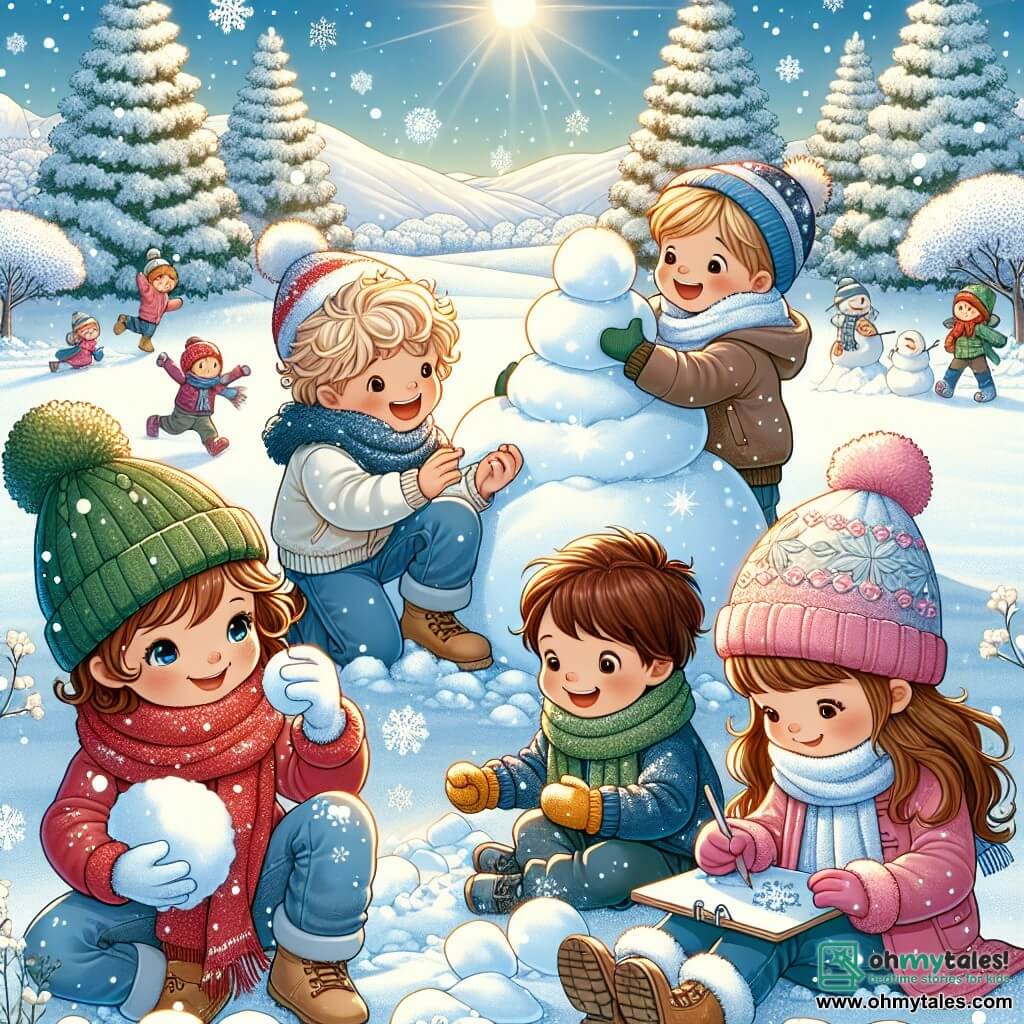 In a snowy field, four children are joyfully active: Emma, a 10-year-old girl with curly brown hair, wears a bright red scarf and a blue coat, shaping a large snowflake with a focused smile. Liam, a 9-year-old boy with messy blonde hair, is throwing a snowball at Noah while laughing. He wears a green hat and yellow gloves. Mia, a 10-year-old girl with long, smooth hair, sits in the snow, drawing snowy trees in her sketchbook while wearing a pink coat and white boots. Noah, a 9-year-old boy with brown hair, hides behind a small snow mound, ready to retaliate with a snowball, sporting a mischievous smile and a black jacket. The setting is a vast field covered in a thick layer of sparkling snow under the winter sun, with majestic trees laden with snow in the background. The main scene shows the children having fun together, creating winter memories filled with laughter, snow games, and creativity in a joyful and festive atmosphere.
