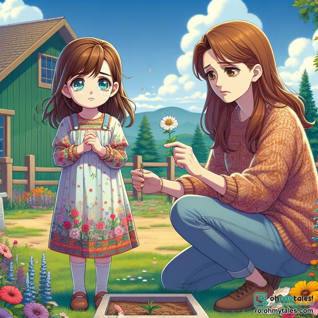 O fetiță de 8 ani, Miki, stă în centrul imaginii, cu părul brunet și ochii strălucitori, dar plini de tristețe. Poartă o rochie colorată cu motive florale și ține în mâini o floare albă, privind spre pământ cu o expresie melancolică. Lângă ea, mama ei, o femeie de aproximativ 35 de ani, cu părul lung și castaniu, o privește cu tandrețe, cu brațele deschise, pregătită să o îmbrățișeze. Ea poartă un pulover moale și o pereche de blugi, stând ușor înapoi, oferind confort fiicei sale. Decorul se desfășoară într-o frumoasă grajd verde, înconjurat de flori colorate și copaci majestuoși, sub un cer albastru presărat cu nori albi. În fundal, se vede un colț amenajat cu o piatră plată și o mică cruce din lemn, unde Miki a plantat floarea în memoria pisicii sale Pufi. Scena principală o arată pe Miki plângând ușor în timp ce ține floarea, în timp ce mama ei o încurajează să-și amintească de momentele frumoase petrecute cu companionul său cu patru picioare, creând o atmosferă atât tristă, cât și reconfortantă.