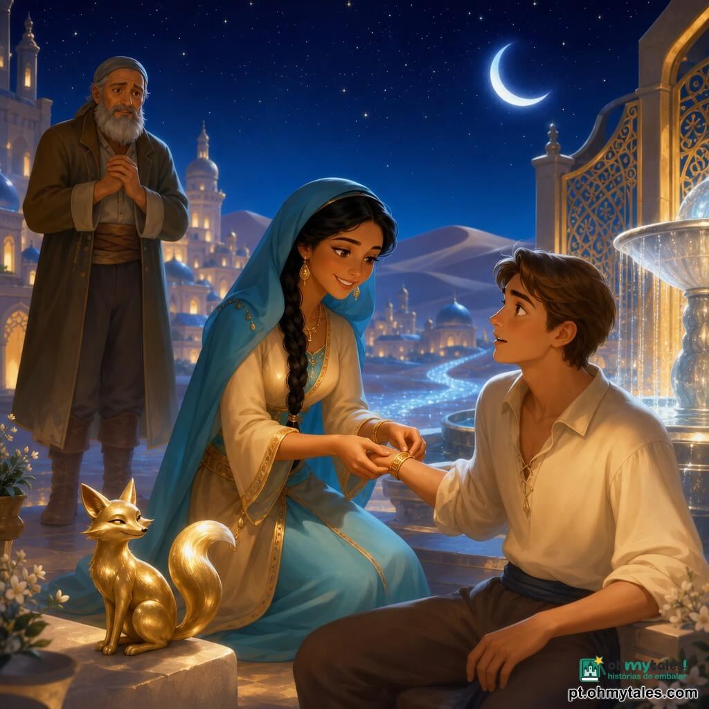 Samira, jovem sorridente e determinada, pele bronzeada, cabelos pretos trançados sob um lenço azul, de joelho junto a uma fonte prateada enquanto põe um pequeno bracelete dourado no pulso de um jovem marinheiro de ~20 anos, cabelos castanhos curtos, expressão surpresa com memórias renascendo, camisa marfim, segurando a mão dela; ao fundo, um velho pescador de ~60 anos com barba grisalha, botas e casaco gasto, em pé junto a um grande portal dourado, olhar emocionado; ao lado da fonte, uma pequena raposa dourada de pelo brilhante e olhar travesso; tudo numa cidade noturna entre dunas de ruas feitas de luz lunar, casas translúcidas cheirando a jasmim, fonte central como disco de prata e céu estrelado, luz de lua prateada com reflexos dourados, paleta areia e turquesa, atmosfera mágica, calma e acolhedora centrada na cena de um resgate terno.