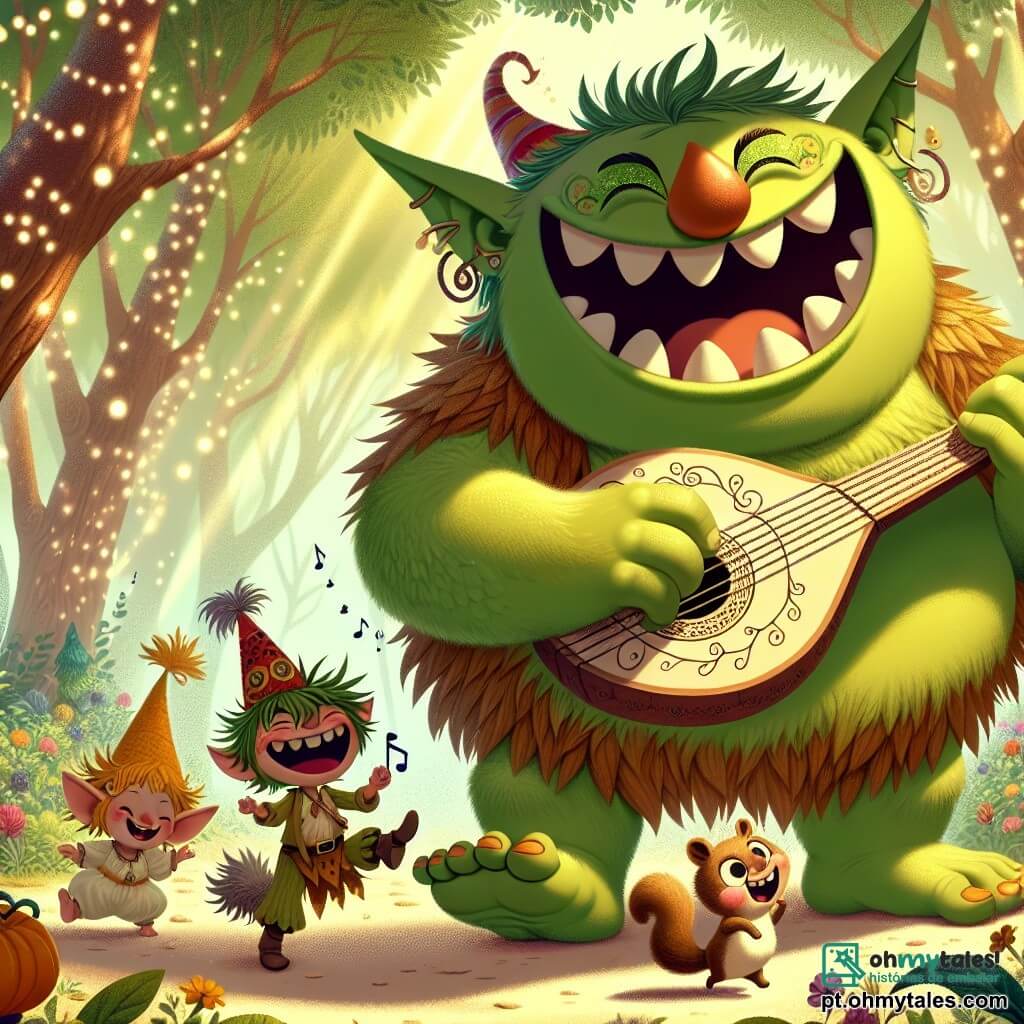 Um ogro alegre chamado Gorgo, com pele verde e olhos brilhantes de malícia, está tocando seu instrumento em forma de abóbora, rindo alto. Ele tem dentes brancos e afiados que brilham ao sol e uma grande silhueta que dança ao ritmo de sua música. Ao seu lado, Pipoca, um pequeno duende com cabelo desgrenhado e um chapéu vermelho que cai sobre os olhos, salta de alegria batendo palmas, enquanto Nino, um esquilo de pelagem marrom e cauda espessa, tenta dançar imitando Gorgo, com um grande sorriso no rosto. Eles estão em uma clareira encantada do Bosque do Sorriso, onde as árvores com folhas cintilantes se curvam suavemente ao ritmo da música e flores coloridas dançam ao redor deles. A cena principal mostra Gorgo tocando música para fazer as abóboras dançarem, enquanto Pipoca e Nino se divertem rindo e pulando ao seu redor, criando uma atmosfera alegre e cheia de vida.