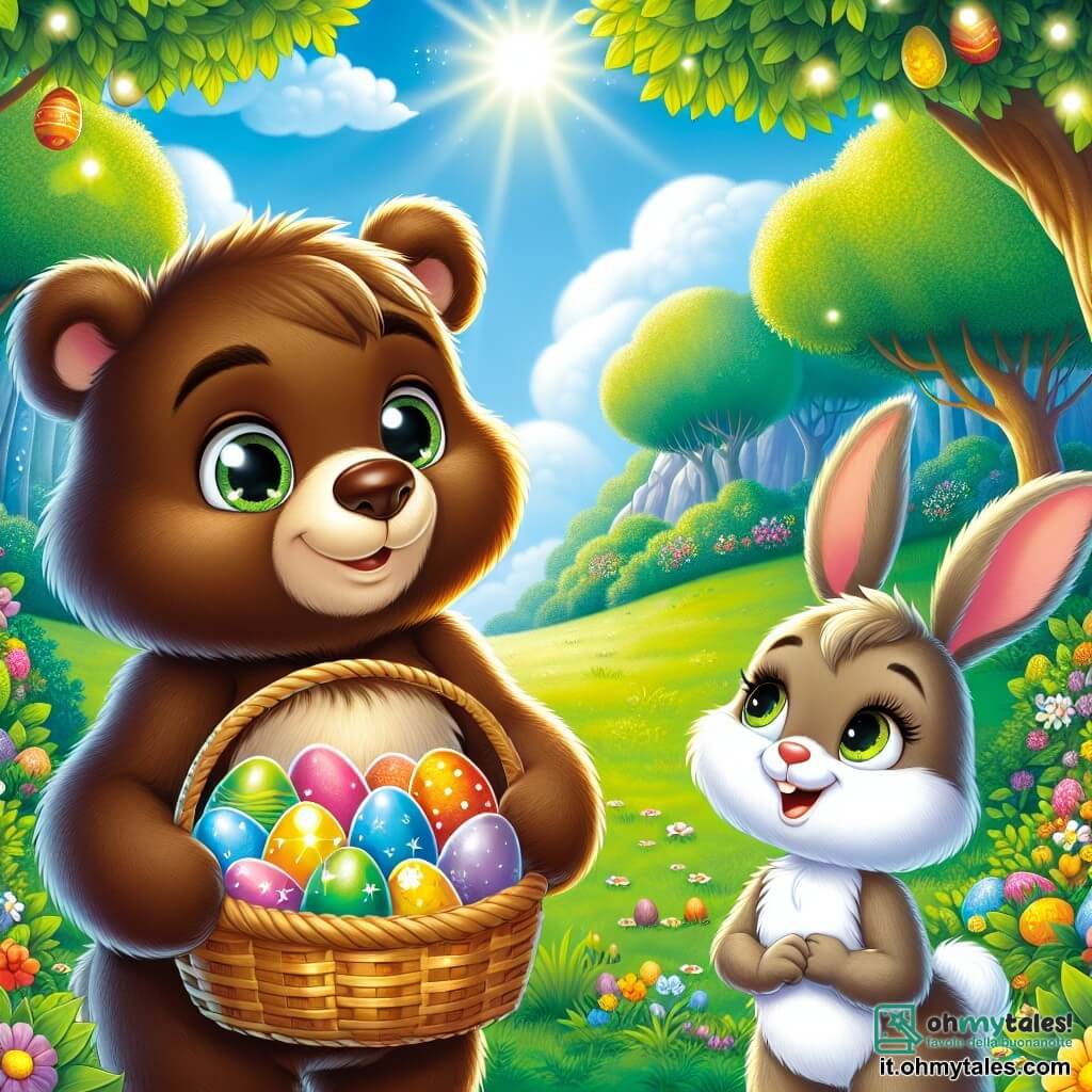 Un giovane orso bruno di nome Bruno, con grandi occhi brillanti di curiosità e un sorriso gioioso, si trova al centro di un meraviglioso prato verde, tenendo un cestino di vimini pieno di uova colorate. Accanto a lui, una piccola coniglietta dalle lunghe orecchie dorate, di nome Aurelio, con un'espressione amichevole e meravigliata, osserva le uova brillanti che scintillano sotto il sole. Sullo sfondo, alberi maestosi con foglie brillanti e fiori multicolori danzano dolcemente al vento, mentre un cielo blu chiaro si estende sopra di loro, punteggiato da nuvole bianche e soffici. La scena rappresenta Bruno e Aurelio che celebrano la magia di Pasqua, circondati da un'atmosfera gioiosa, pronti a condividere le uova magiche con tutti gli animali della foresta.