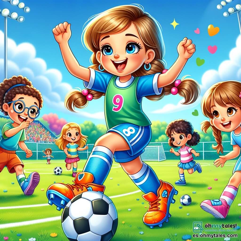 Carla, una niña sonriente de unos 10 años, lleva un uniforme de fútbol azul brillante con el número 9 y botas naranjas. Llena de energía, levanta los brazos con alegría mientras les enseña a los niños a driblar el balón. Al lado de ella, Paula, una pequeña con coquetas trenzas rosas, observa admirada, sosteniendo una pelota de fútbol. Lucas, un niño de 9 años con gafas redondas y una sonrisa traviesa, está a punto de patear la pelota, con los ojos brillantes de emoción. La escena ocurre en un gran campo de fútbol verde, rodeado de árboles coloridos y un cielo azul claro con nubes blancas. Niños corren, riendo y divirtiéndose, creando una atmósfera alegre y dinámica. La situación principal muestra a Carla enseñando a los niños a pasar la pelota, todos juntos en un momento de felicidad compartida, con risas y gestos entusiastas.