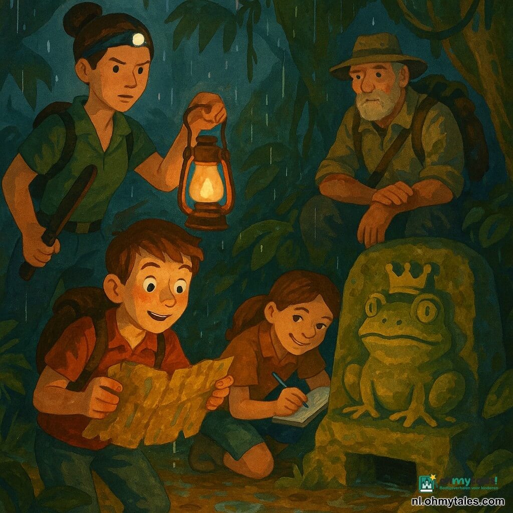 Een jonge jongen (ca. 12) houdt een doorweekte leren kaart vast, vastberaden en verwonderd, met glimmende ogen en voorovergebogen naar een grote bewerkte steen; hij heeft een kleine olielamp die warm oranje licht werpt. Een volwassen vrouw (Inez, ca. 25) staat links achter hem met een machete, haar haren vast, waakzaam en beschermend, en verlicht de modderige grond met een hoofdlamp. Een meisje (Lina, ca. 12) hurkt rechts bij de steen met een plastic notitieboekje en potlood, ondeugende glimlach, bezig een schets te maken. Een man op leeftijd (Oom Bako, ca. 50) met ruwe handen, een rugzak vol gereedschap en een gevlochten touw over de schouder leunt op een dikke wortel en kijkt kalm toe. De scène speelt zich af in een vochtige junglekuil bij schemering: glanzende donkergroene bladeren, hangende lianen, met mos bedekte stenen, modderige grond en waterdruppels in de lucht. Ze ontdekken de "Kikkersteen": een grote bewerkte steen met een gekroonde kikker, zichtbare gravures en een kleine donkere opening onder een deksteen waar koele lucht en waterreflecties uitkomen; sfeer van avontuur, milde spanning en gezamenlijke nieuwsgierigheid. Stijl: gouache, verzadigde kleuren, zichtbare penseeltexturen, zachte lijnen voor de kinderen, warm-koud contrast tussen lamp en schaduw, duidelijke compositie gecentreerd op de steen en de lamp.