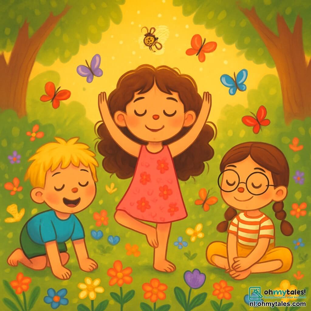 Er zijn 3 personages: - Sophie: een 5-jarig meisje met lange, krullende haren en sprankelende ogen. Ze draagt een roze jurk met bloemenpatronen en staat in het midden met haar armen omhoog naar de lucht, als een klein boompje. - Bram: een 5-jarig jongetje met rommelig blond haar en een grote glimlach. Hij draagt een blauwe t-shirt en groene shorts, en hij staat links van Sophie, in de 'kat'-houding, op handen en knieën. - Lotte: een 5-jarig meisje met gevlochten bruin haar en ronde brillen. Ze draagt een gele rok en een gestreept t-shirt. Ze zit rechts van Sophie in de 'vlinder'-houding, met de voeten bij elkaar en de benen die zachtjes bewegen. De scène speelt zich af in een prachtige geheime tuin, vol kleurrijke bloemen die zachtjes in de wind dansen. Kleurrijke vlinders fladderen om hen heen, en een zachte gouden gloed komt van een vuurvliegje dat boven hen zweeft. Op de achtergrond staan majestueuze bomen, waarvan de glanzende bladeren een zacht geruis creëren. De hoofdscène toont de kinderen die de magie van ademhaling in hun geheime tuin ontdekken. Ze staan in een cirkel, met gesloten ogen, diep ademhalend, omringd door een vredige en heldere sfeer, terwijl het vuurvliegje hun pad verlicht.