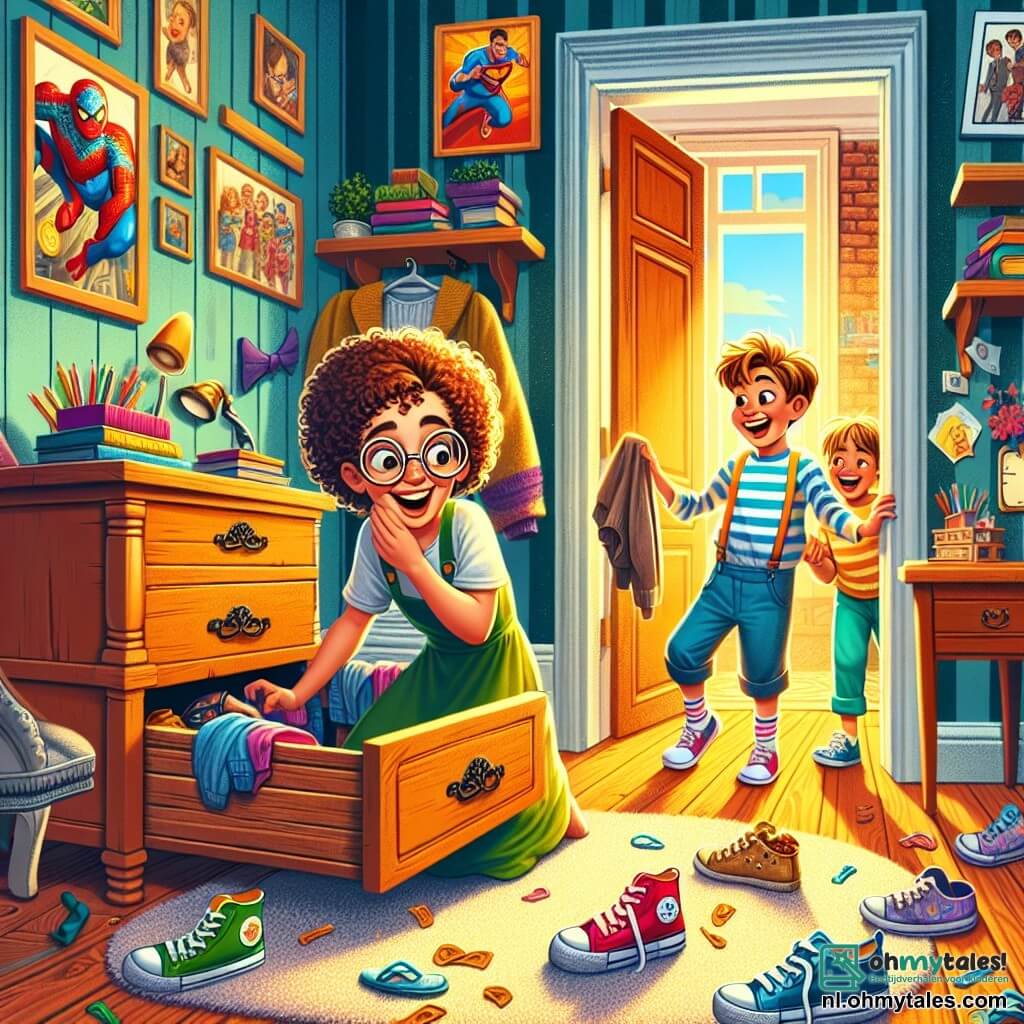 Een 12-jarig meisje, Fieke, met krullend kastanjebruin haar en ronde bril, kijkt met grote ogen en een vrolijke glimlach terwijl ze een oude houten ladekast opent. Naast haar staat haar 8-jarige broertje met wild blond haar en een gestreept t-shirt, die lacht en wijst naar de schoenen die alleen in de gang lopen. De scène speelt zich af in een kleurrijke kinderkamer met superheldenposters aan de muren, een rommelig bureau vol boeken en potloden, en een zacht tapijt op de vloer. Achterin is een open deur te zien die naar een lichte gang leidt, waar de schoenen vrolijk bewegen en een pad van verspreide chips achterlaten. Fieke, geïntrigeerd en geamuseerd, ontdekt dat haar schoenen zijn gaan dansen, terwijl haar broertje ze lachend volgt.