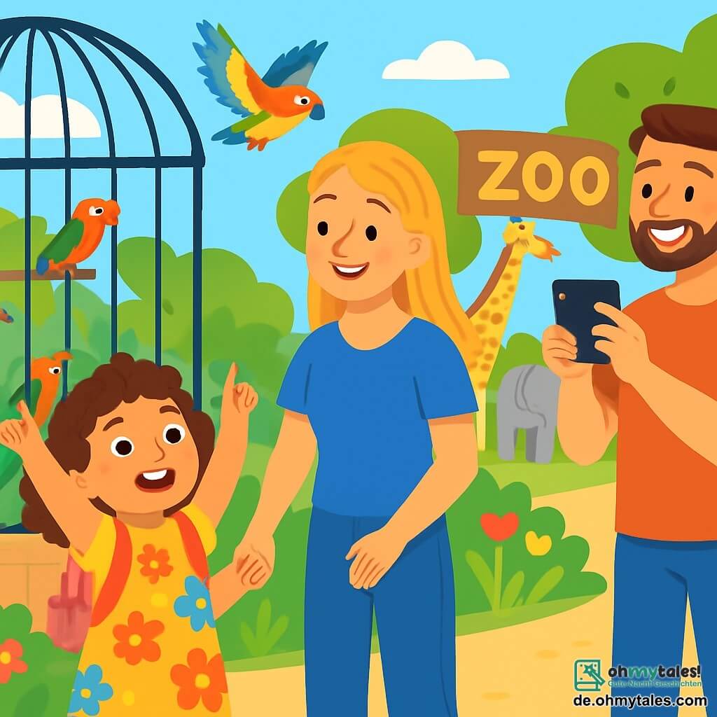 Ein kleines Mädchen von 4 Jahren, Mia, mit lockigen braunen Haaren und strahlenden Augen, steht vor einem großen Vogelkäfig im Zoo. Sie trägt ein buntes Blumenkleid und einen kleinen rosa Rucksack. Ihr Gesicht strahlt vor Aufregung und Glück, ihre Arme sind zur Freude erhoben. Neben ihr steht ihre Mama, eine etwa 30-jährige Frau mit langen blonden Haaren, die liebevoll ihre Tochter ansieht. Sie trägt ein blaues T-Shirt und Jeans und hält Mias Hand. Etwas weiter entfernt macht ihr Papa, ein etwa 32-jähriger Mann mit braunen Haaren und einem leichten Bart, ein Foto von Mia mit seinem Handy und lächelt breit. Der Ort ist ein sonniger Zoo mit grünen Bäumen und bunten Blumen. Im Hintergrund sind Tiere wie Giraffen und Elefanten zu sehen, die zur fröhlichen Atmosphäre beitragen. Die Hauptsituation zeigt Mia, die fasziniert auf einen bunten Vogel zeigt, der über ihr fliegt, während ihre Eltern liebevoll zusehen und diesen glücklichen Moment als Familie teilen.