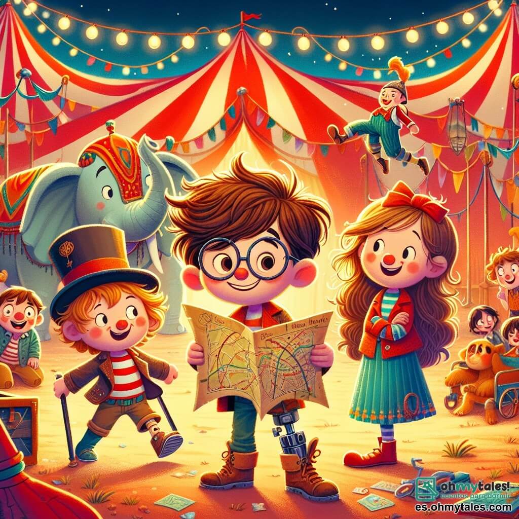En un circo colorido y animado, tres amigos están en el centro del escenario. Lucas, un niño de 8 años con cabello castaño desordenado y gafas redondas, mira a su alrededor con curiosidad, sosteniendo un mapa del tesoro. A su derecha, Sofía, una niña de 7 años con cabello largo y rubio, lleva un sombrero de payaso y sonríe valientemente, lista para ayudar. A la izquierda, Tomás, un niño de 9 años con cabello castaño y una prótesis en la pierna, se mantiene de pie sobre un pequeño banco, con los brazos cruzados y una gran sonrisa. El decorado es una gran carpa de circo a rayas rojas y blancas, adornada con guirnaldas luminosas. En el fondo, elefantes majestuosos y malabaristas en acción añaden a la atmósfera festiva. Los amigos están en busca del bastón de Nico, el funámbulo, que se ha perdido. Están examinando el suelo con determinación, rodeados de globos coloridos y risas de niños, listos para resolver el misterio y salvar el espectáculo.