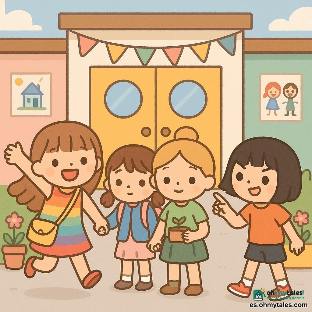 Cuatro niñas de 7 años: Sofía (pelo castaño claro largo con flequillo, sonrisa amplia, vestido de rayas arcoíris y bolso amarillo, salta a la izquierda), Elena (pelo castaño en dos coletas, expresión tímida y curiosa, chaleco azul y mochila rosa pálido, un poco detrás a la derecha de Sofía), Marta (pelo rubio recogido en moño, mirada serena, falda verde, sostiene una caja con una semilla, en el centro sujetando la mano de Elena), Carla (pelo negro a la altura del mentón, aire travieso, camiseta naranja y zapatillas rojas, señala la puerta de la escuela a la derecha). Lugar: entrada frontal de una escuela primaria colorida con puertas de madera amarillas, paredes con dibujos y guirnaldas, pavimento gris claro, macetas con flores rosas y verdes, cielo azul con nubes. Situación: primer día de clase, emocionadas y algo nerviosas, escena luminosa y dinámica; estilo kawaii minimalista, colores vivos y fondo claro.
