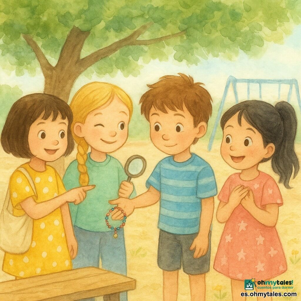 Hay cuatro niños de 6 años: Sofía, pelo castaño corto, vestido amarillo de lunares, sonríe y señala la pulsera estando a la izquierda; Martina, trenza rubia, suéter menta, sostiene una lupa y guiña un ojo, junto a Sofía centro-izquierda; Nico, pelo castaño despeinado, camiseta azul a rayas, ofrece tímidamente la pulsera a Clara desde el centro-derecha; Clara, cola de caballo negra, vestido rosa con estrellas, manos en el pecho y gran sonrisa, a la derecha frente a Nico; escena en el patio de la escuela bajo un gran árbol con banco y juego difuminado al fondo, suelo arenoso y pequeñas flores, luz suave; momento cálido y alegre de entrega de la pulsera, estilo acuarela con colores pastel y contornos tenues.