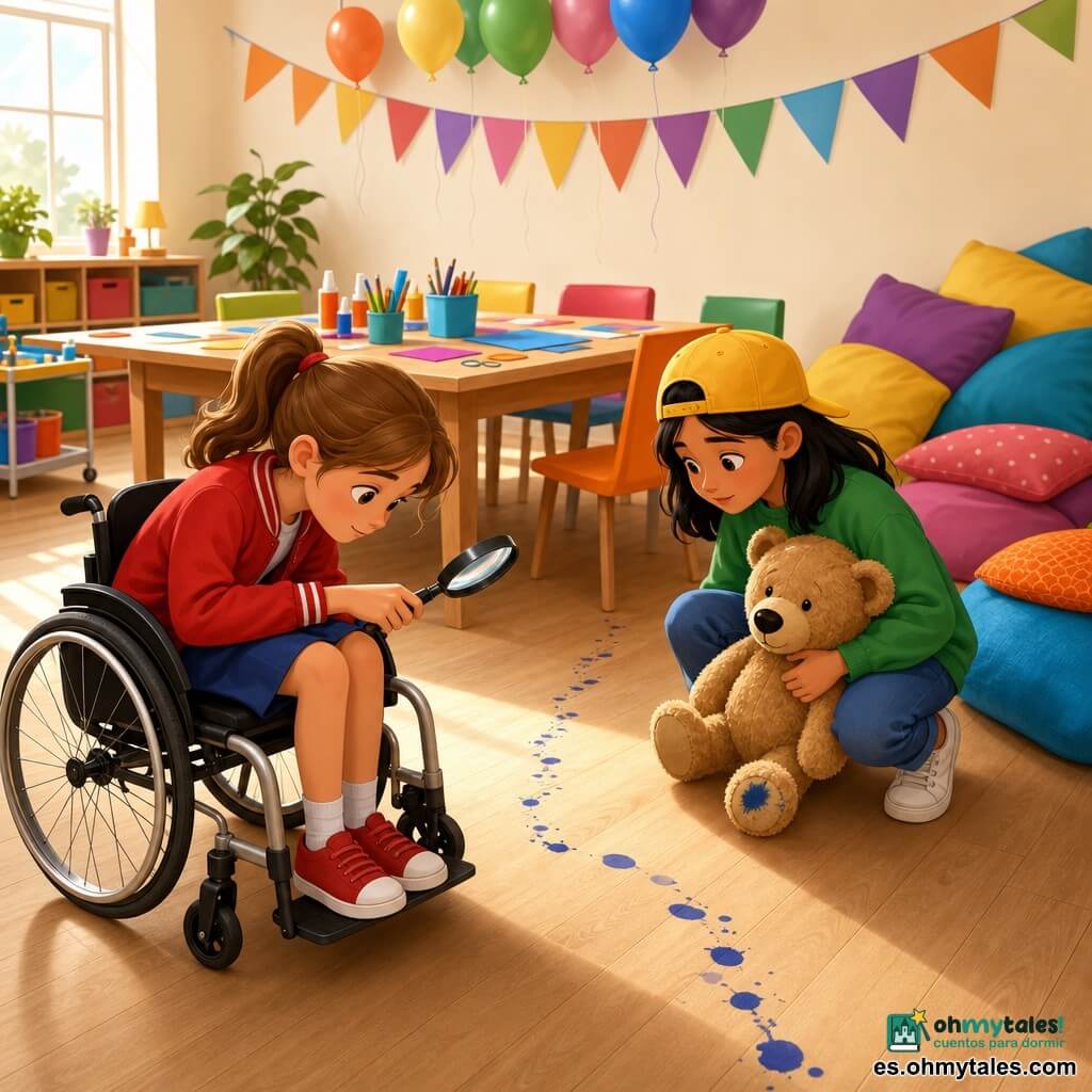 Hay tres personajes: Lucía, niña de 9 años, pelo castaño claro en coleta, piel clara, chaqueta roja y falda azul, sentada en una pequeña silla de ruedas moderna a la izquierda, sosteniendo una lupa hacia una pista azul de tinta en el suelo; Sofía, niña de 9 años, pelo negro medio con gorra amarilla, piel morena, sudadera verde y zapatillas blancas, a la derecha, agachada y abrazando al pequeño peluche; Osito, peluche marrón claro con nariz cosida negra y una mancha azul de tinta en la pata, ligeramente arrugado y apoyado contra un cojín. Lugar: sala polivalente luminosa con parquet claro, paredes crema, guirnaldas de papel, mesa de manualidades en el centro con papeles y pegamento, cojines multicolores en un rincón y globos en el techo. Situación: las niñas siguen una pista azul de tinta que conduce a los cojines; Lucía inspecciona la pista con su lupa y Sofía, aliviada, sostiene al osito; atmósfera cálida, colores vivos y luz suave.