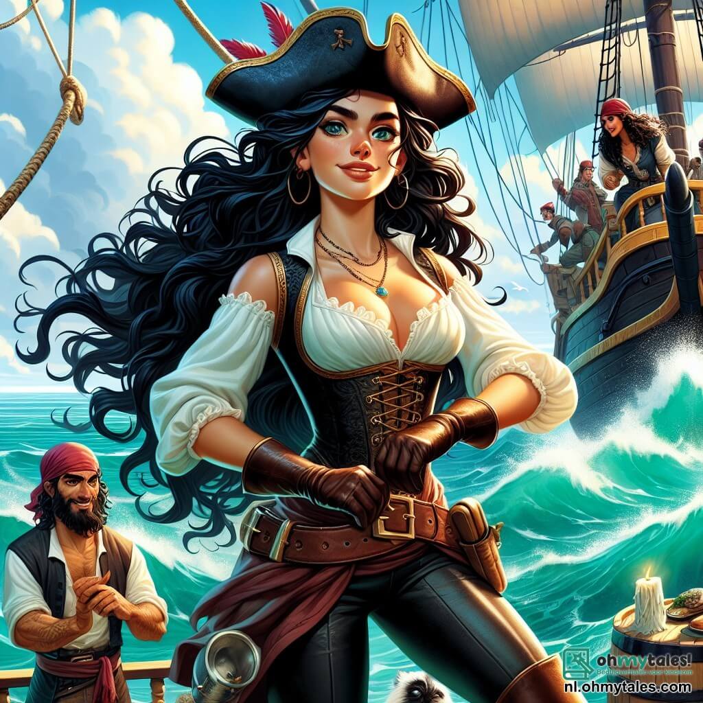 Een jonge piratenvrouw, Kapitein Roxy, staat trots op het dek van haar schip, De Bruine Kogel. Ze heeft lange, golvende, diepzwarte haren en draagt een piratenhoed versierd met een rode veer. Haar gezicht straalt vastberadenheid en durf uit, met een zelfverzekerde glimlach. Naast haar past Maja, een gespierde matroos van ongeveer 25 jaar, haar leren handschoenen aan en speurt de horizon met een waakzame uitdrukking. Haring-Jan, de joviale kok, is bezig een gerecht te bereiden op een klein vuurtje, met een vlekken schort en een grote glimlach op zijn gezicht. De achtergrond toont een stralende turquoise zee met glinsterende golven onder een heldere blauwe lucht met witte wolken. Op de achtergrond is een ander schip, het vaartuig van Krabklauw, te zien met een grote zwarte zeil, dreigend en imposant. De belangrijkste situatie laat Roxy en haar bemanning zien die zich voorbereiden om hun schip te verdedigen, terwijl het vijandige schip snel nadert, wat een voelbare spanning in de lucht creëert.