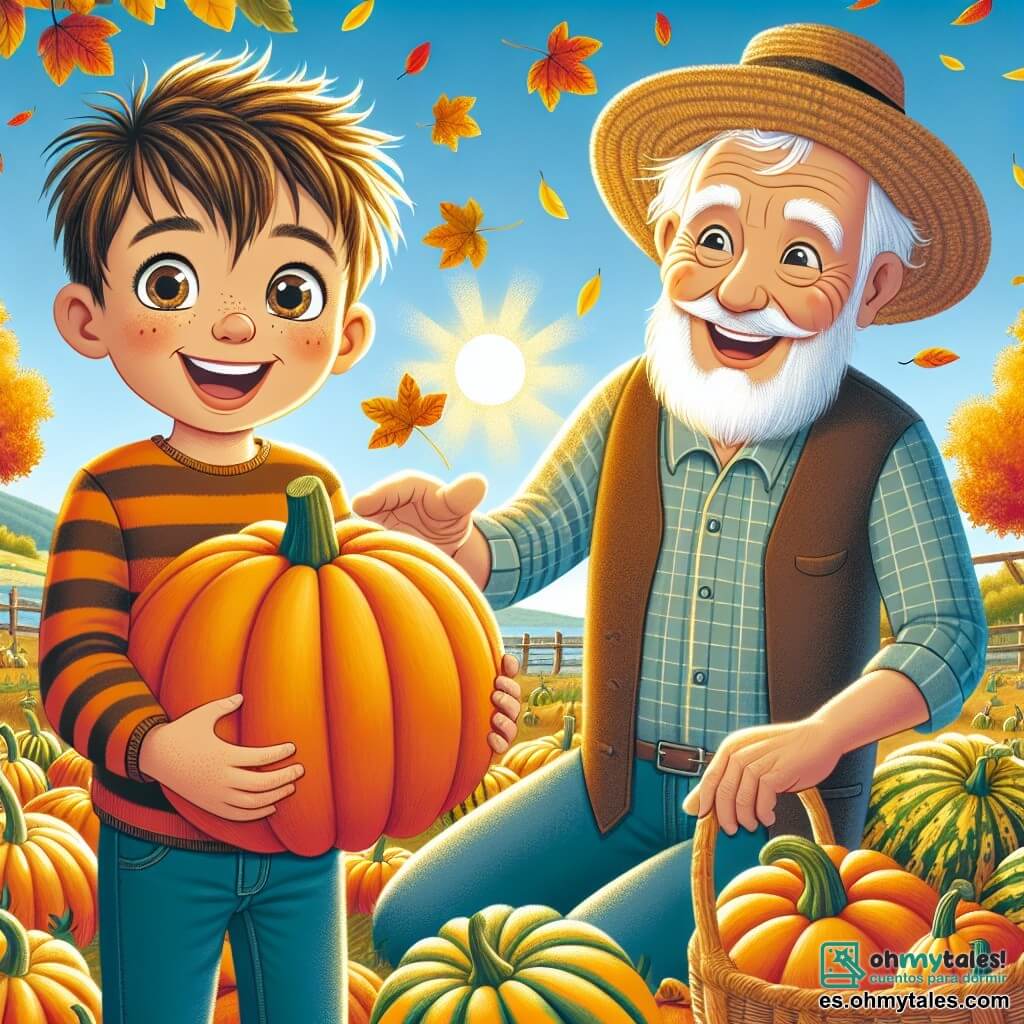 Un niño de 8 años, con el cabello castaño desordenado y ojos brillantes de curiosidad, se encuentra en medio de un campo de calabazas. Lleva un suéter naranja a rayas marrones y unos jeans, y muestra una amplia sonrisa llena de emoción y alegría. A su lado, su abuelo, un hombre mayor con barba blanca y un sombrero de paja, sonríe mientras sostiene una gran calabaza bajo su brazo y le muestra otra calabaza a su nieto. La escena tiene lugar en un campo soleado, rodeado de árboles con hojas doradas y rojas, mientras las hojas caen suavemente al suelo. El niño y su abuelo están cosechando calabazas para la fiesta de la cosecha, llenando alegremente sus cestas de coloridos frutos de otoño.